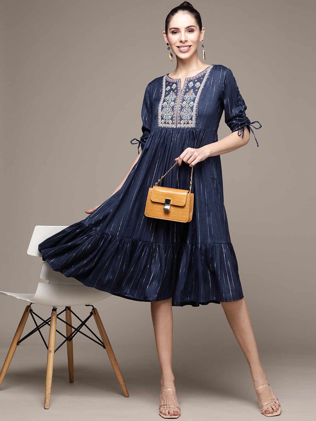 

aarke Ritu Kumar Blue Ethnic Motifs Embroidered A-Line Dress