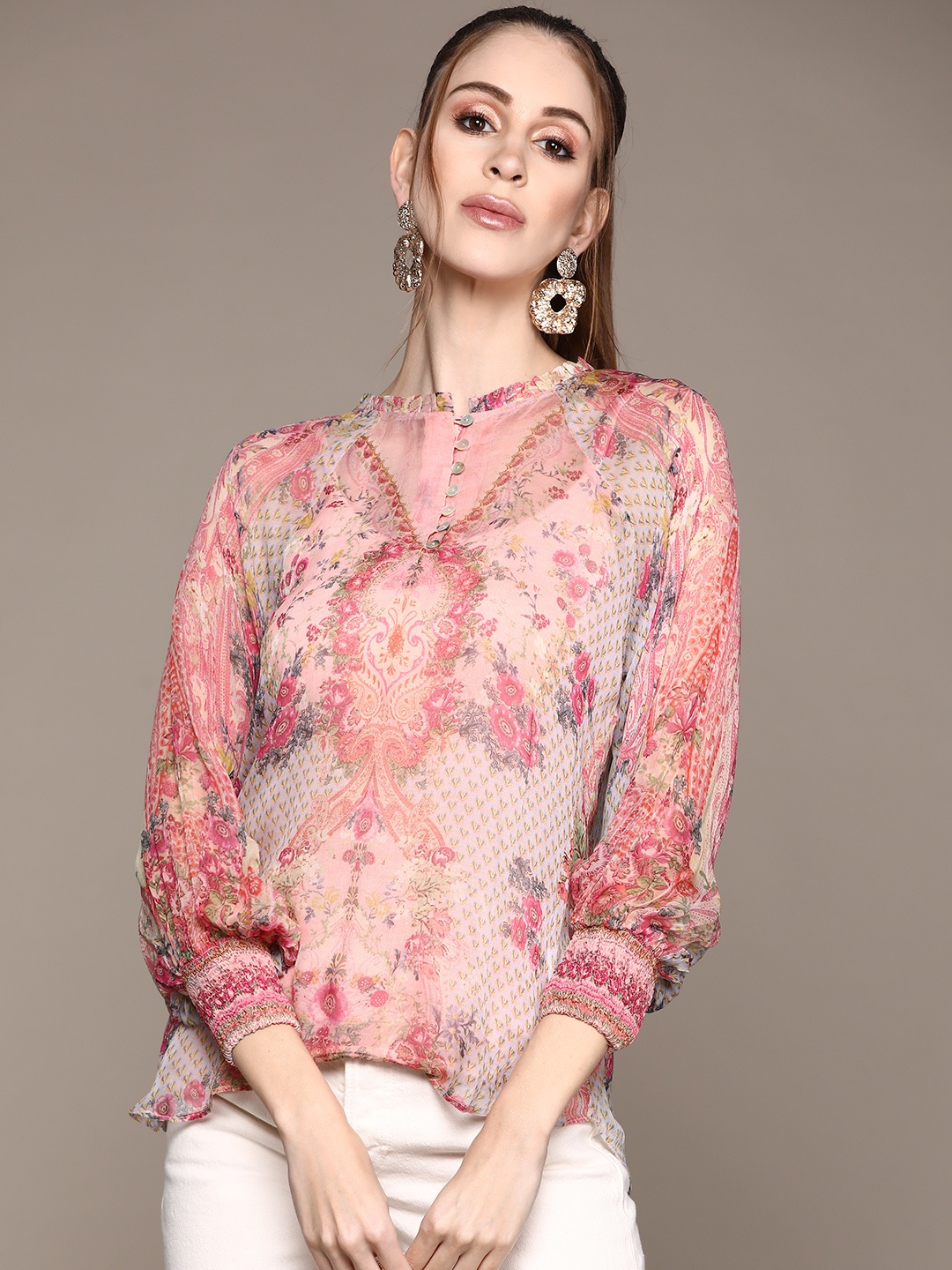 

aarke Ritu Kumar Pink Printed Chiffon Top with Camisole