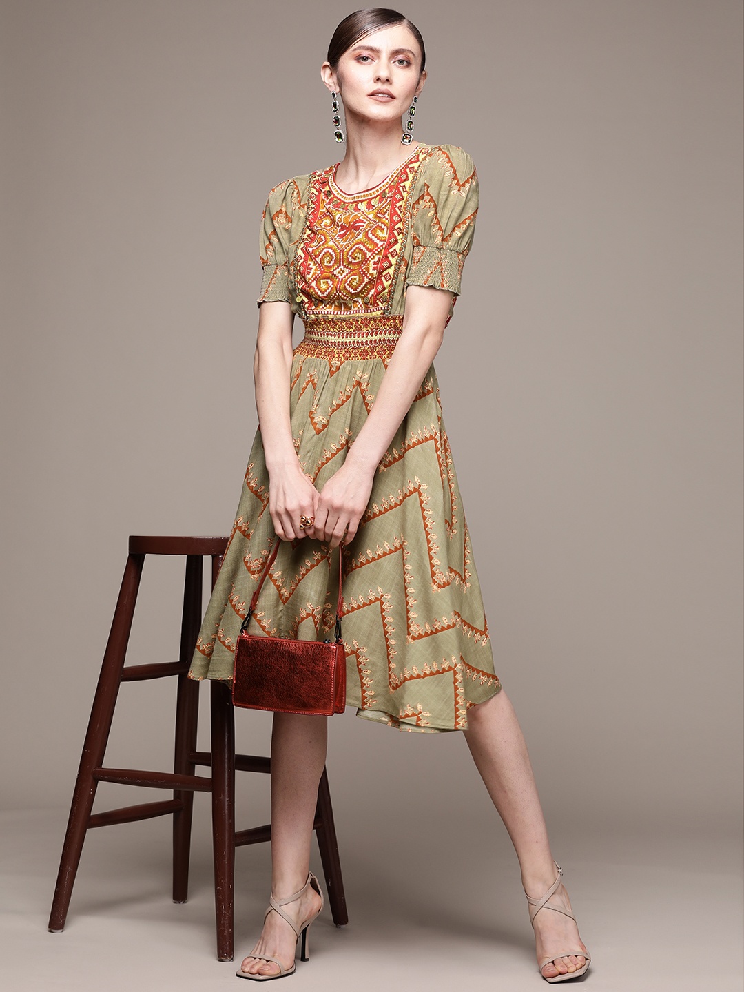 

aarke Ritu Kumar Olive Green & Red Fit & Flare Dress