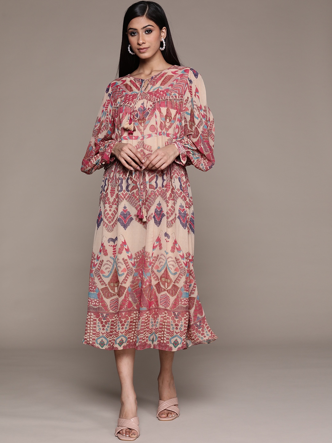 

aarke Ritu Kumar Beige & Red Ethnic Motifs Tie-Up Neck Georgette A-Line Midi Dress
