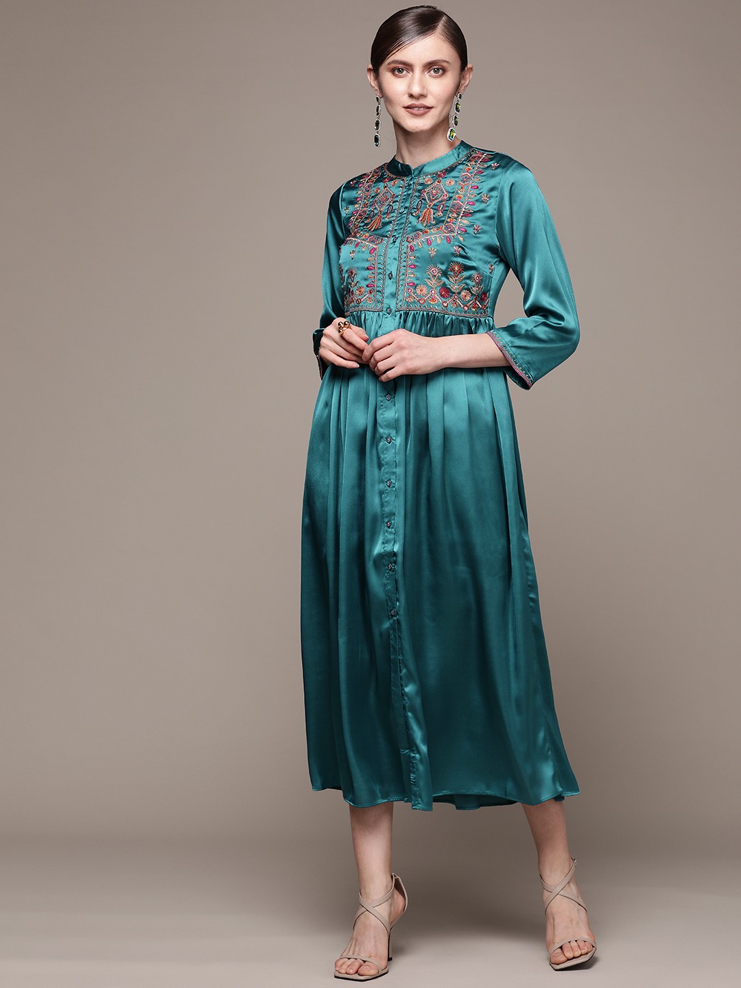 

aarke Ritu Kumar Blue Floral Embroidered Satin Midi Dress