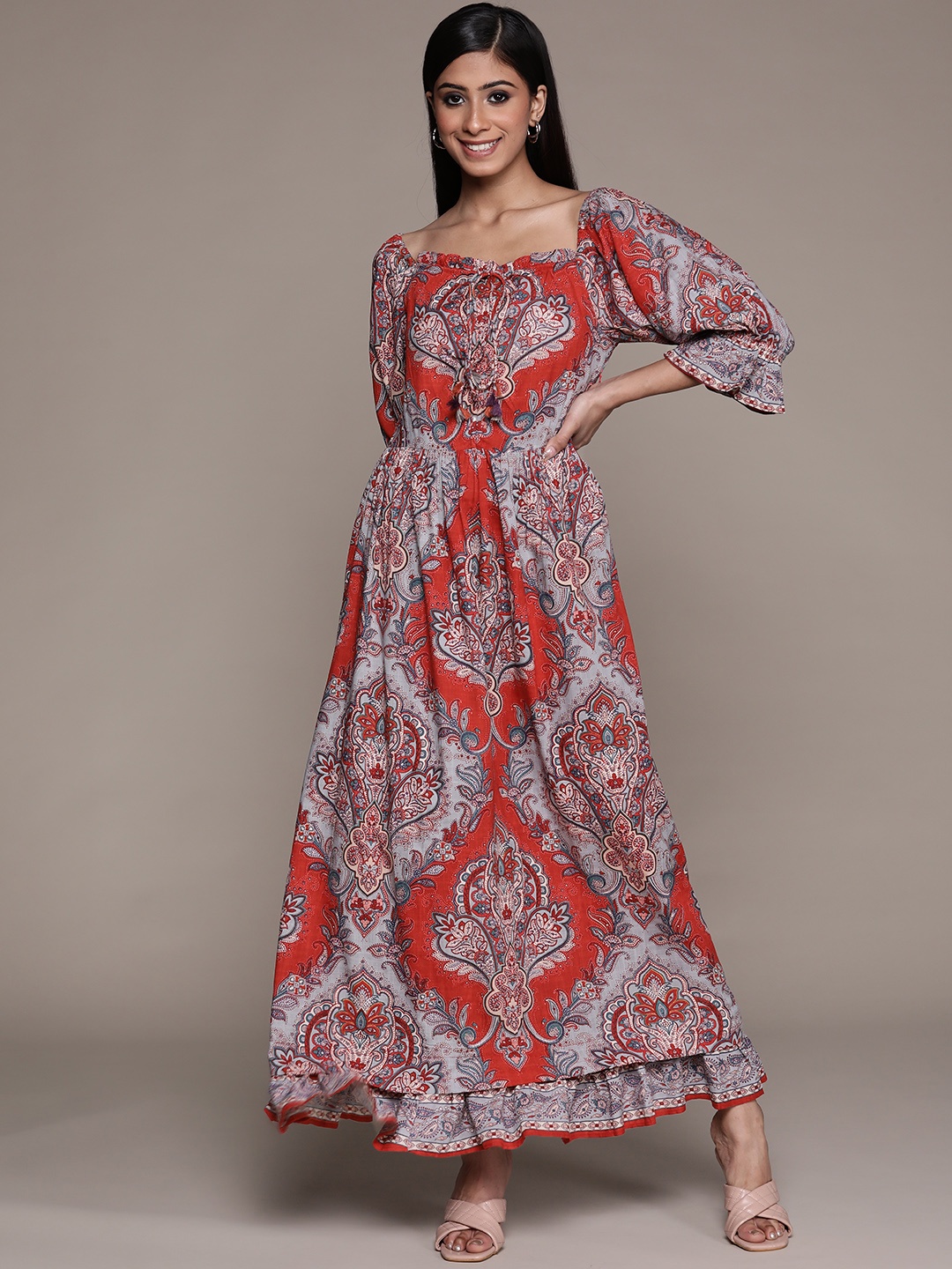 

aarke Ritu Kumar Women Rust Red & Blue Ethnic Motifs A-Line Maxi Dress