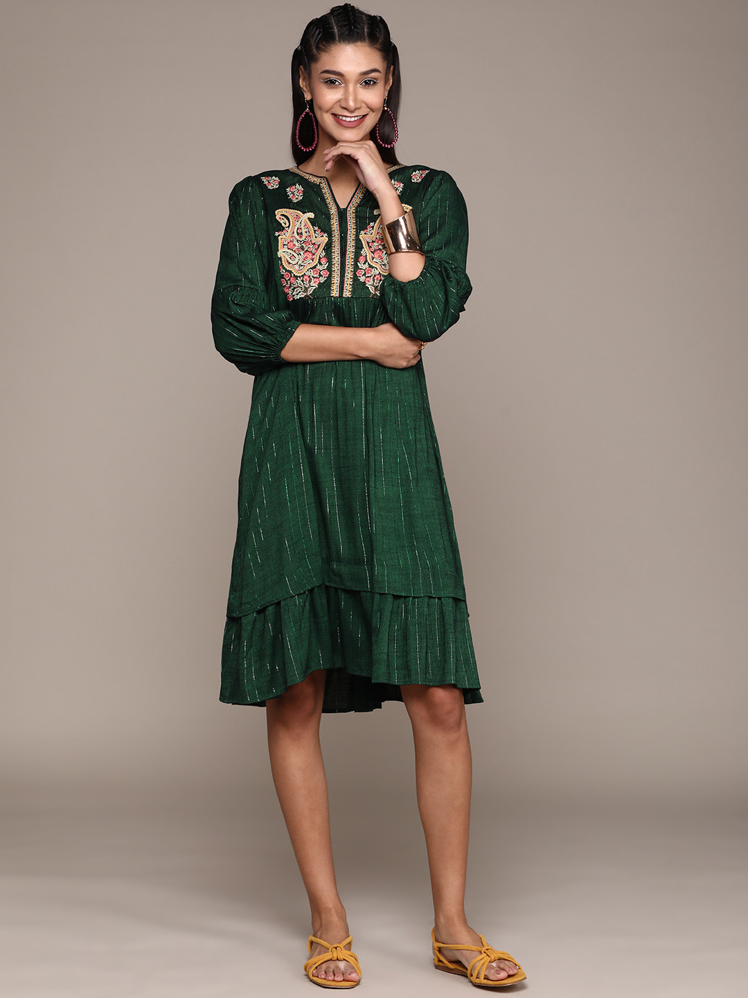 

aarke Ritu Kumar Green Floral Embroidered A-Line Dress