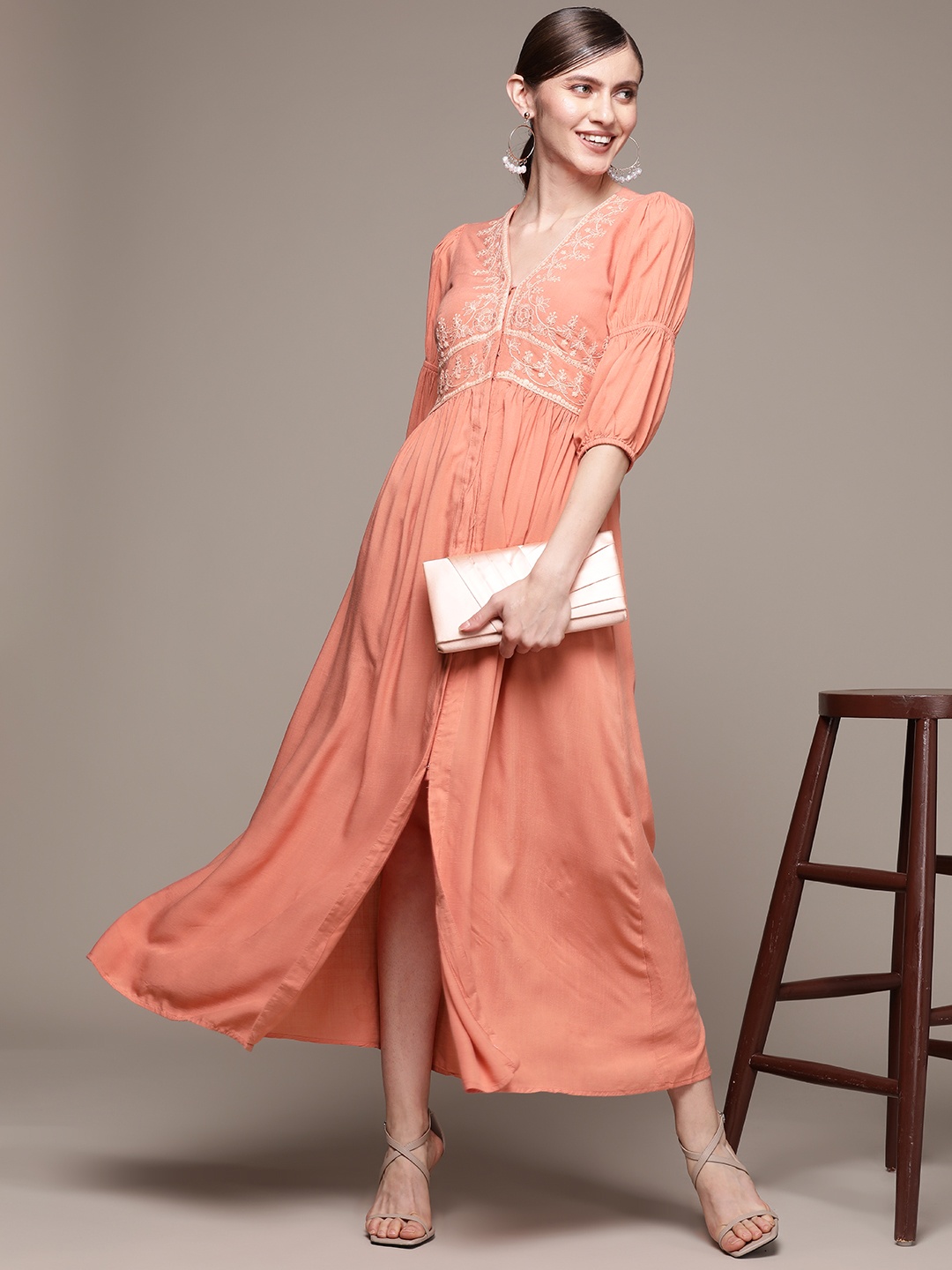 

aarke Ritu Kumar Peach-Coloured Ethnic Motifs Embroidered Maxi Dress