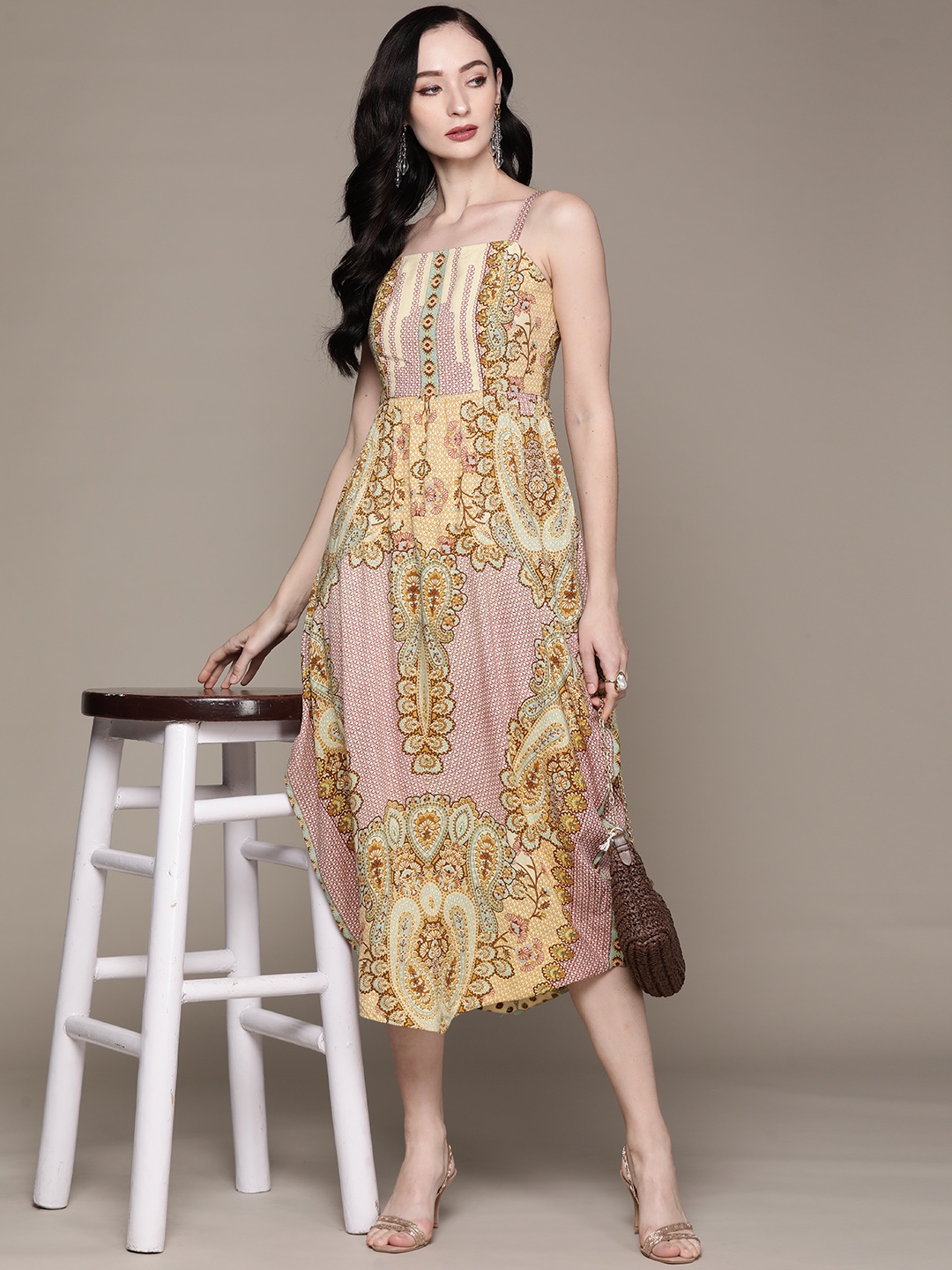 

aarke Ritu Kumar Ethnic Motifs Print Midi Fit & Flare Dress, Pink