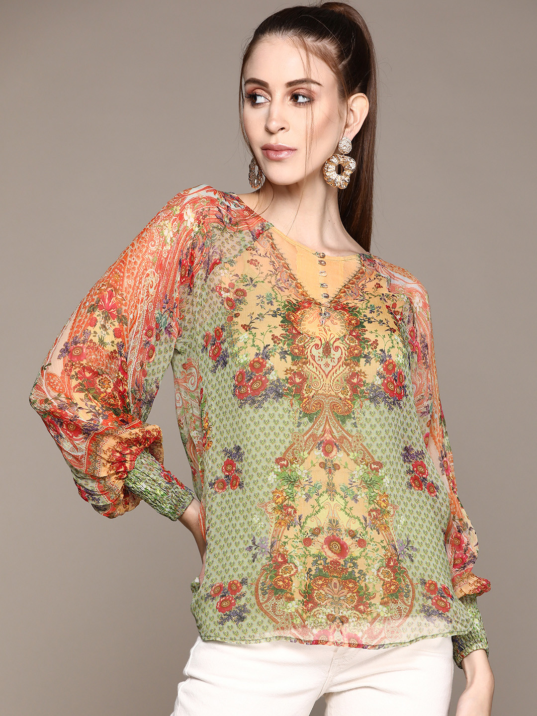 

aarke Ritu Kumar Green & Orange Print Chiffon Top with Camisole