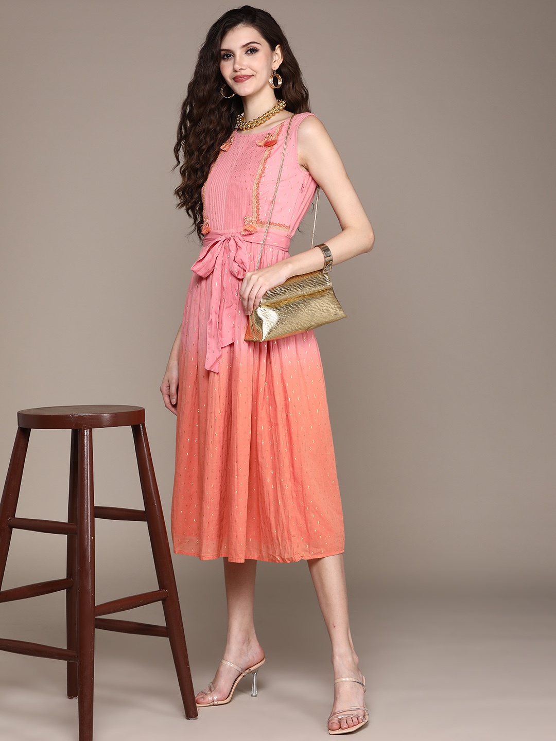 

aarke Ritu Kumar Peach-Coloured & Pink Midi Dress