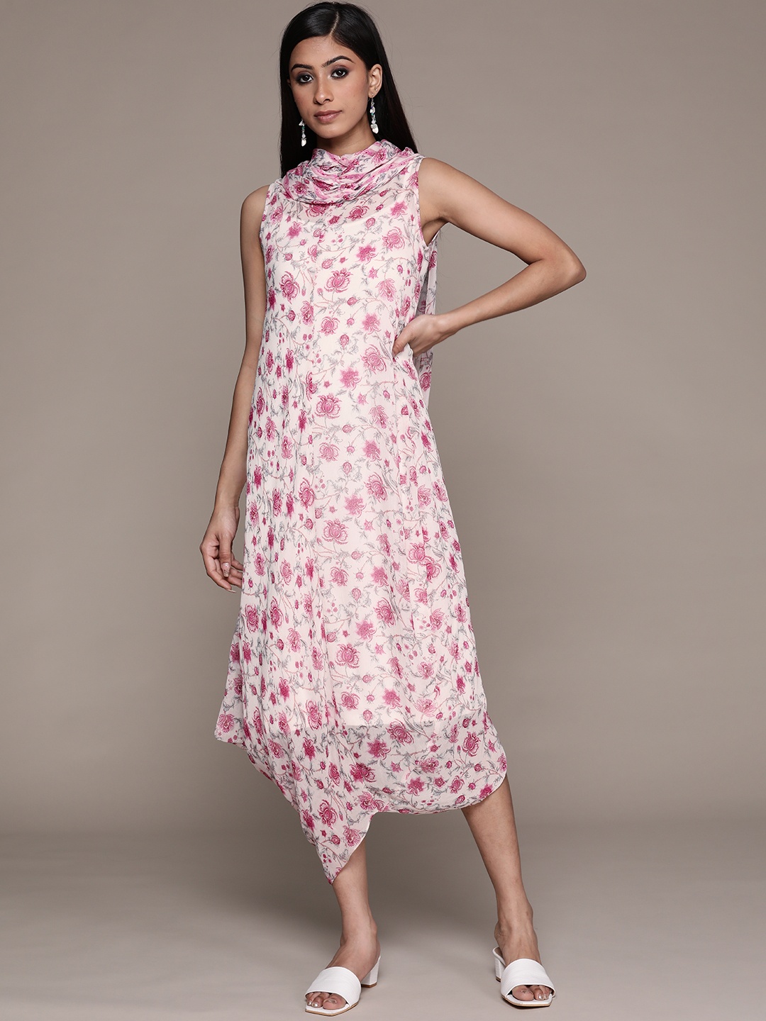 

aarke Ritu Kumar White & Pink Floral Cowl Neck Georgette A-Line Midi Dress