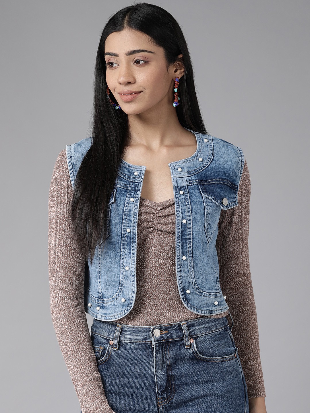 

KASSUALLY Women Blue Denim Embellished Crop Shrug