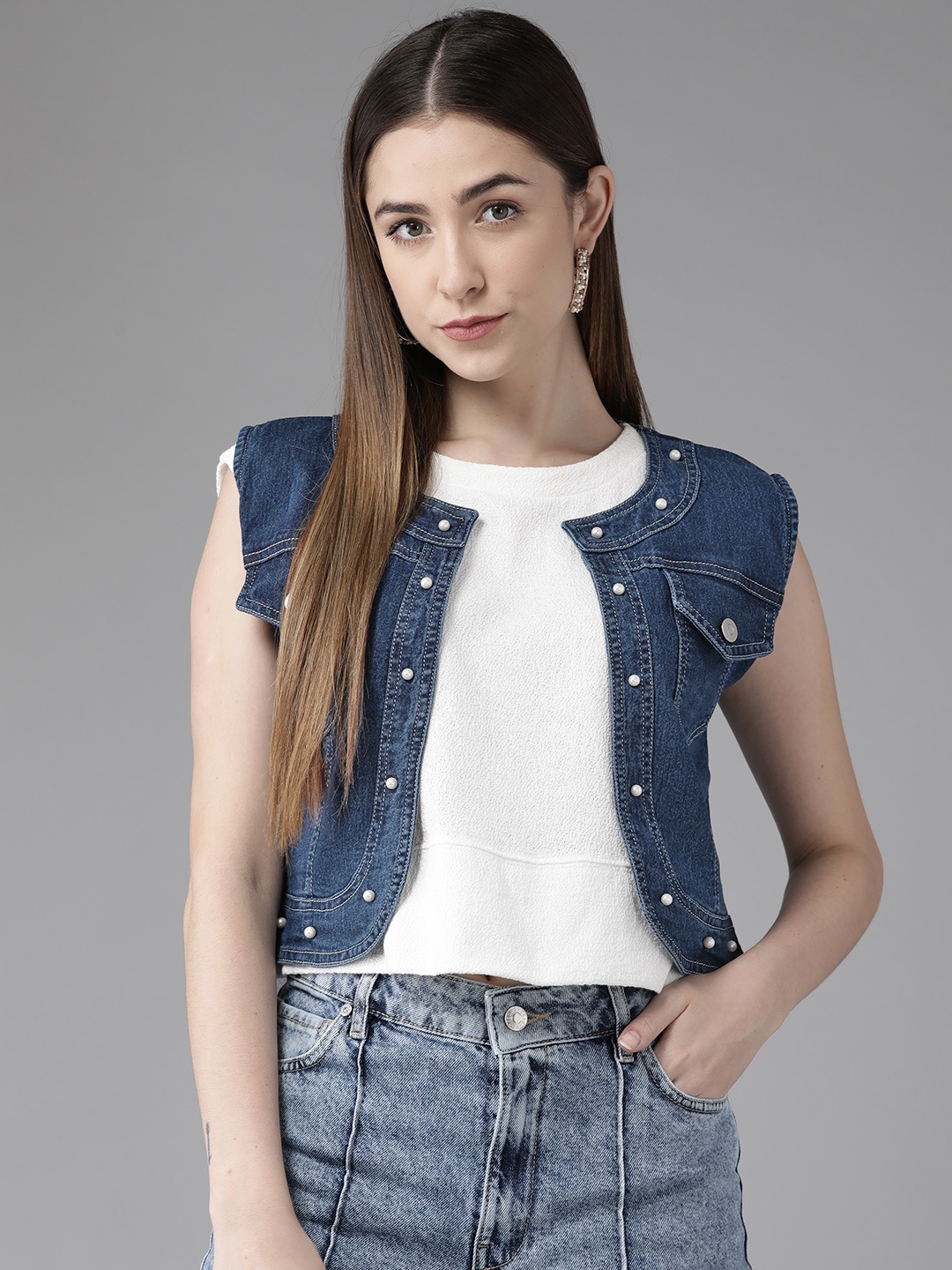 

KASSUALLY Women Blue Denim Embellished Crop Shrug