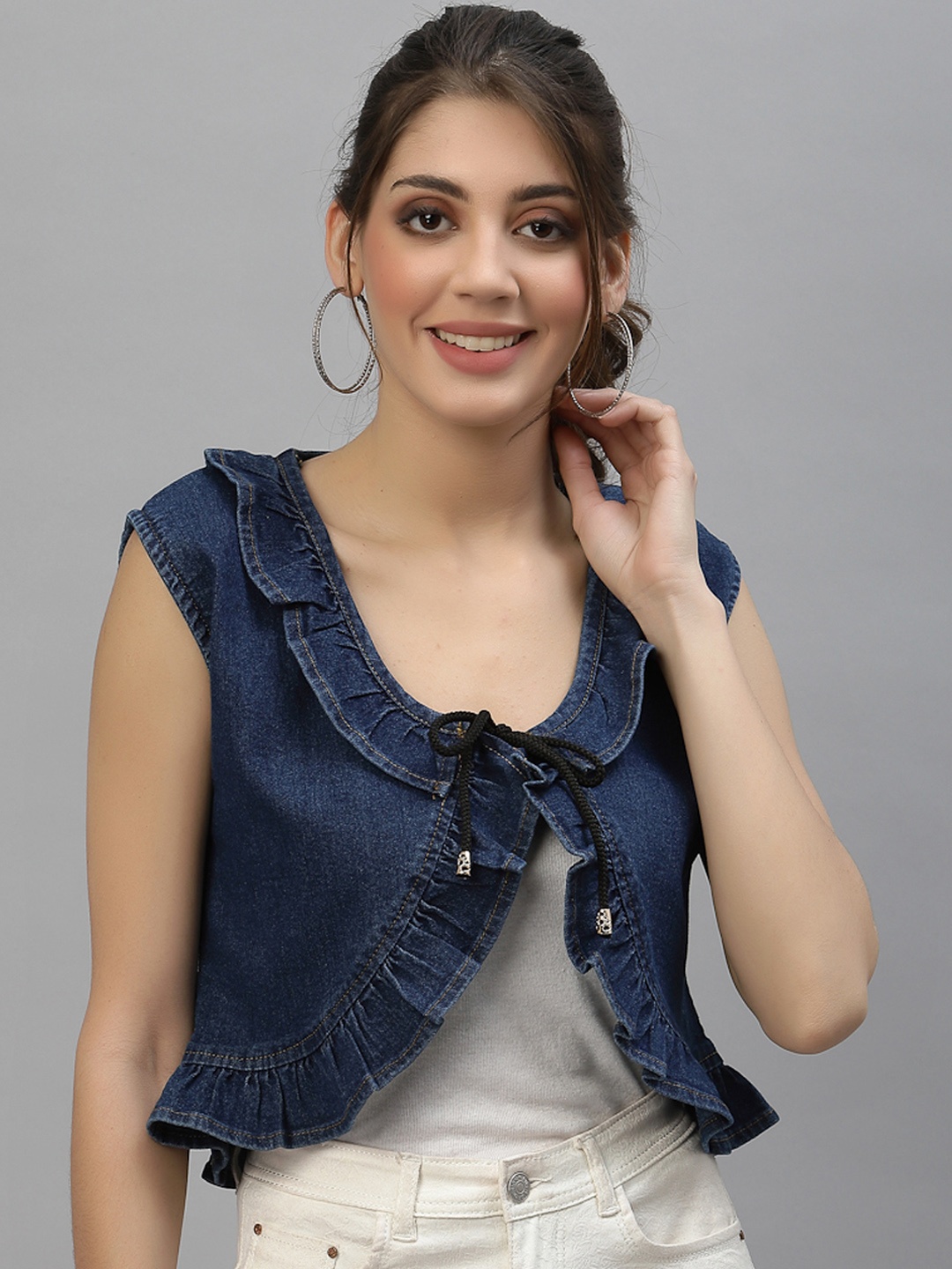 

KASSUALLY Women Blue Crop Tie-Up Shrug with Ruffle Detail