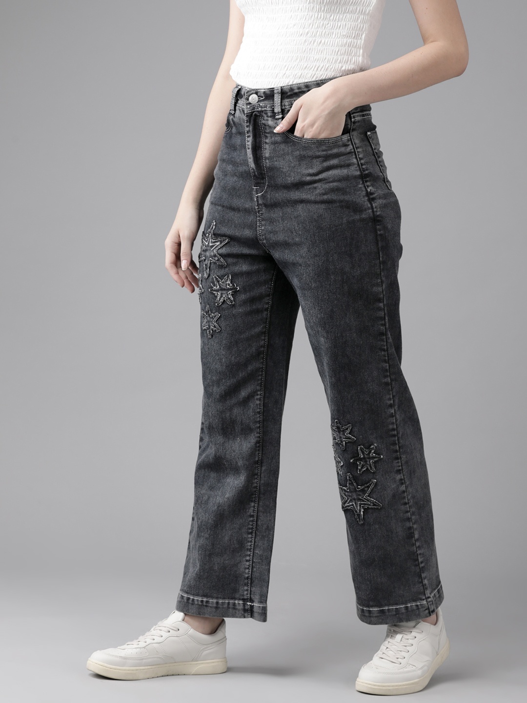 

KASSUALLY Women Charcoal Wide Leg High-Rise Embroidered Stretchable Jeans