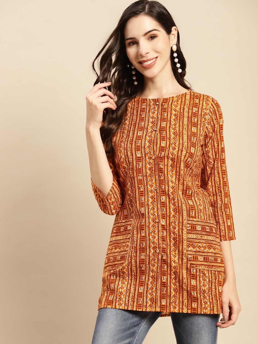 

Prakrti Mustard Yellow & Brown Geometric Printed Pure Cotton Kurti