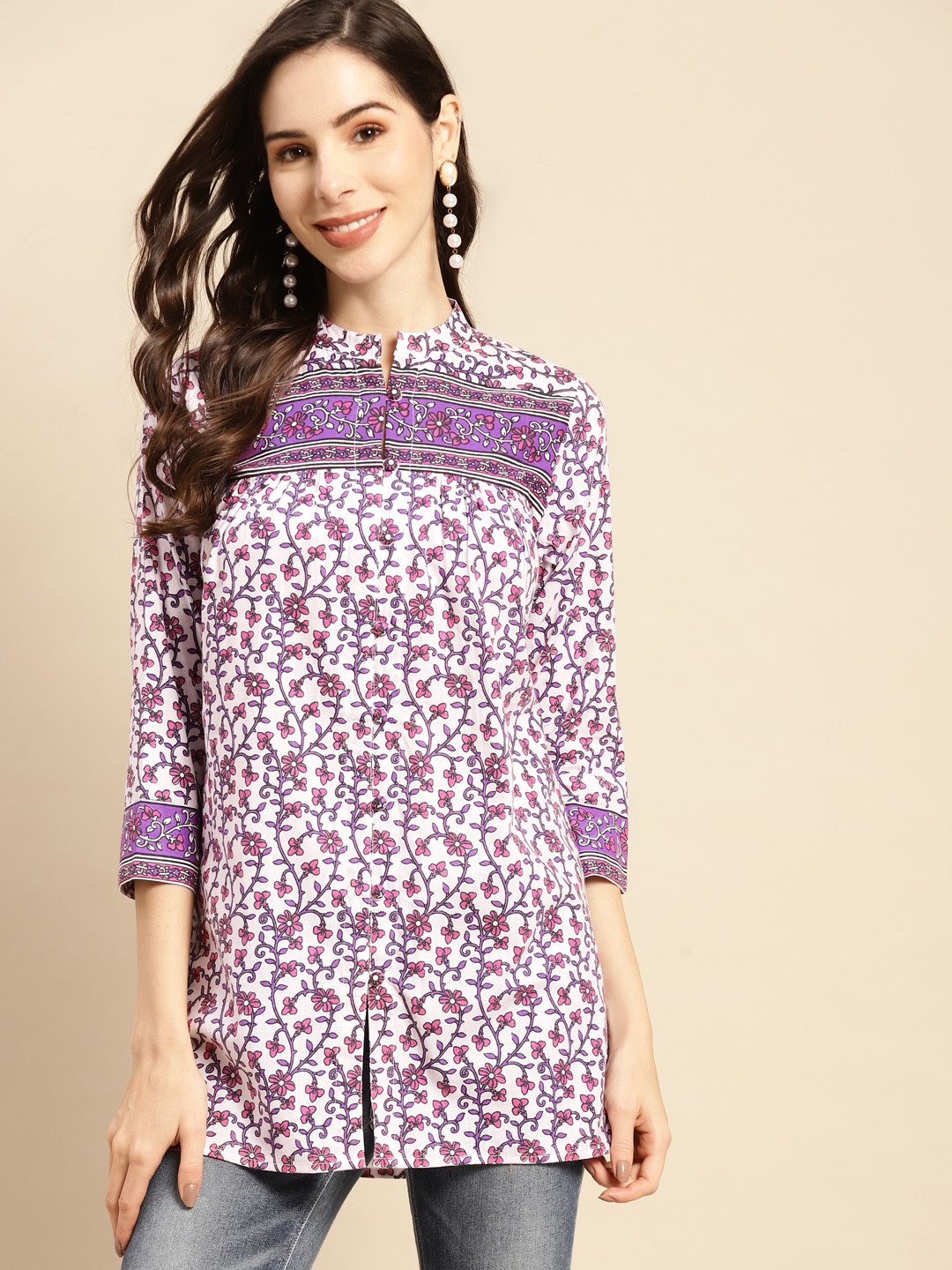 

Prakrti Purple Ethnic Motifs Printed Pure Cotton Kurti