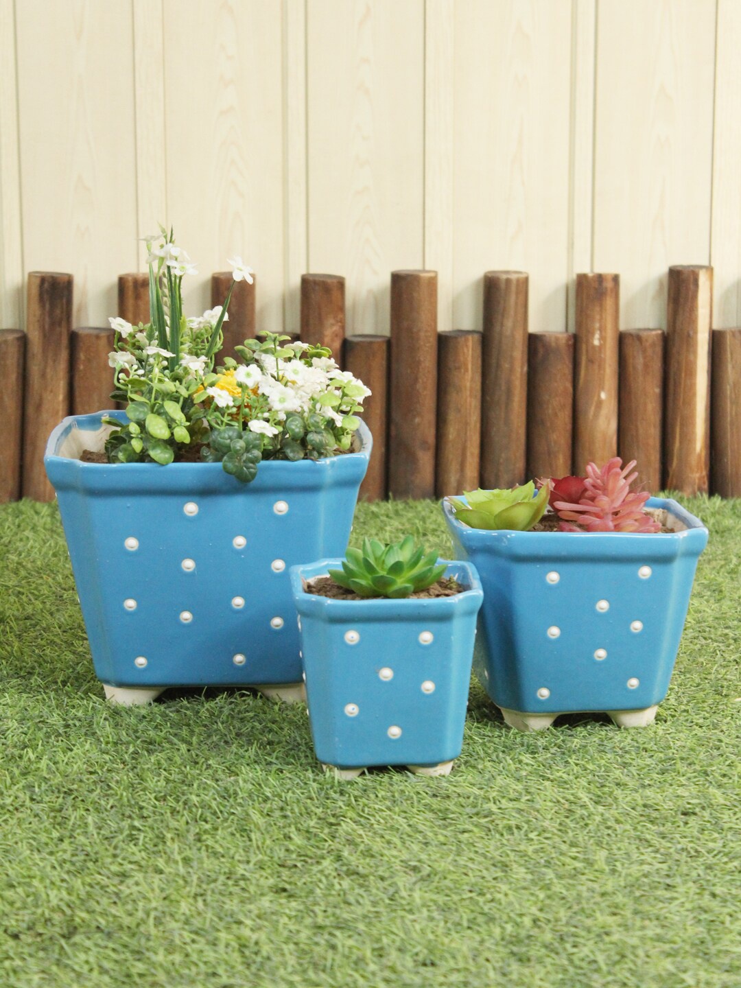 

Wonderland Blue Set of 3 Printed Conical Ceramic Flower Pots