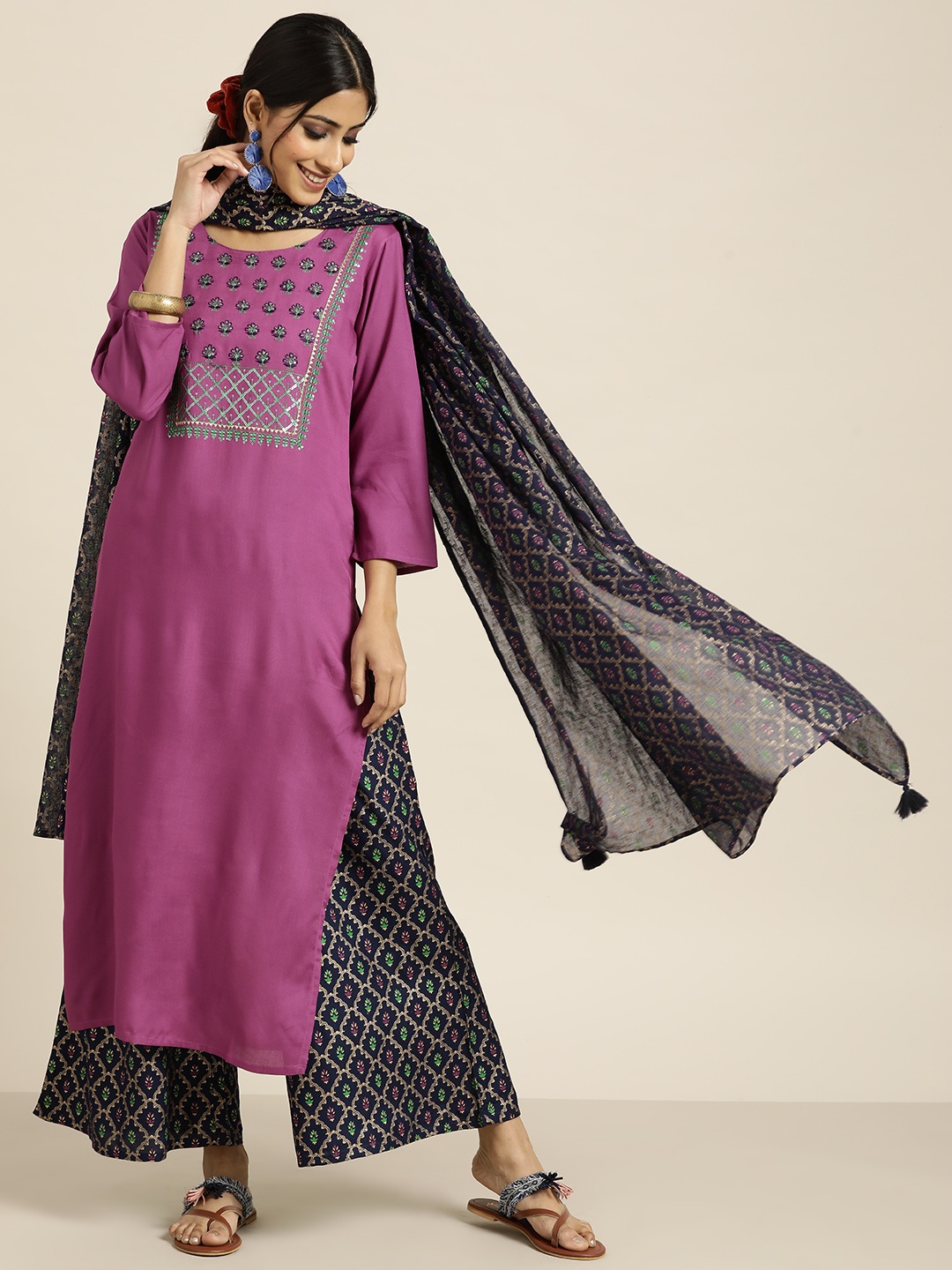 

Sangria Women Purple Yoke Design Sequinned Pure Cotton Kurti with Palazzos & With Dupatta