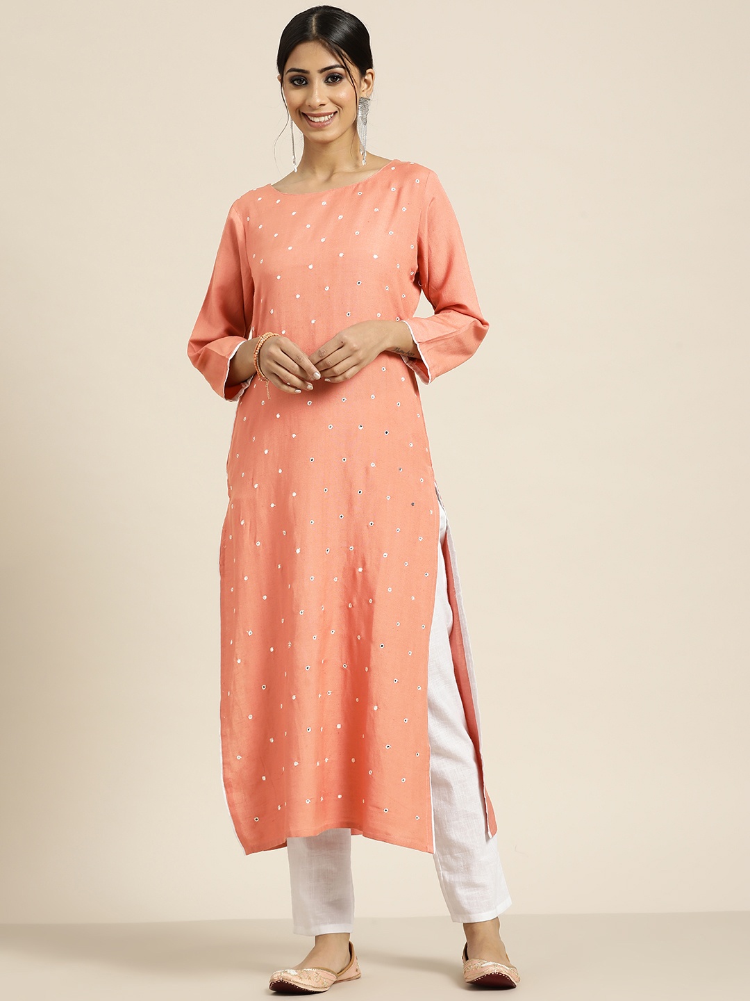 

Sangria Peach-Coloured Woven Design Mirror Work Pure Cotton Mirror Work Kurta