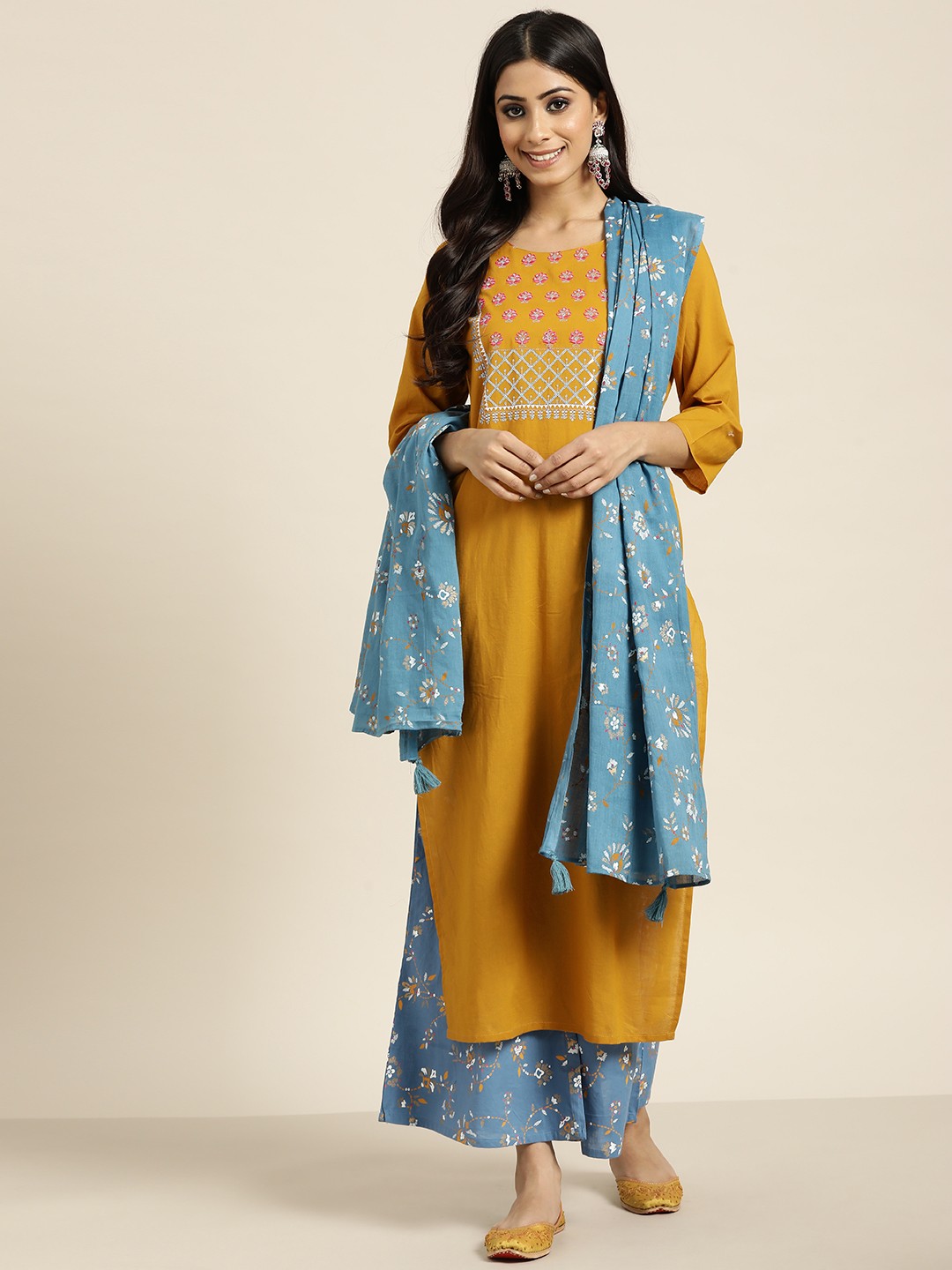 

Sangria Women Mustard YellowYoke Design Mirror Work Cotton Kurta with Palazzos & Dupatta
