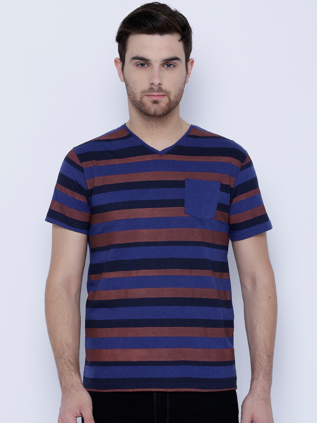 

LOCOMOTIVE Men Blue & Brown Striped Slim Fit T-shirt