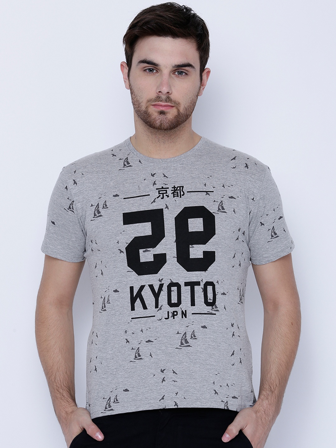 

LOCOMOTIVE Men Grey Melange Printed Slim Fit T-shirt