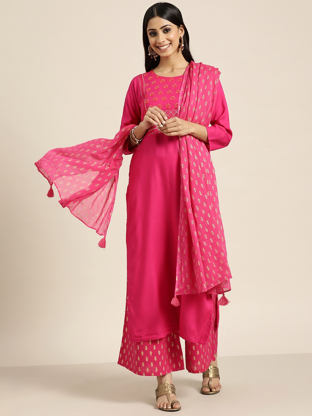

Sangria Women Pink Ethnic Motifs Yoke Design Sequinned Pure Cotton Kurta with Palazzos & With Dupatta