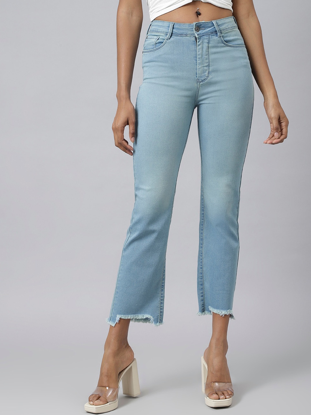 

Code 61 Women Turquoise Blue Wide Leg High-Rise Light Fade Bleached Stretchable Jeans