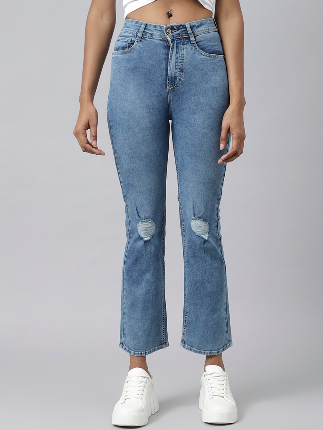 

Code 61 Women Blue Bootcut High-Rise Mildly Distressed Light Fade Acid Wash Stretchable Jeans