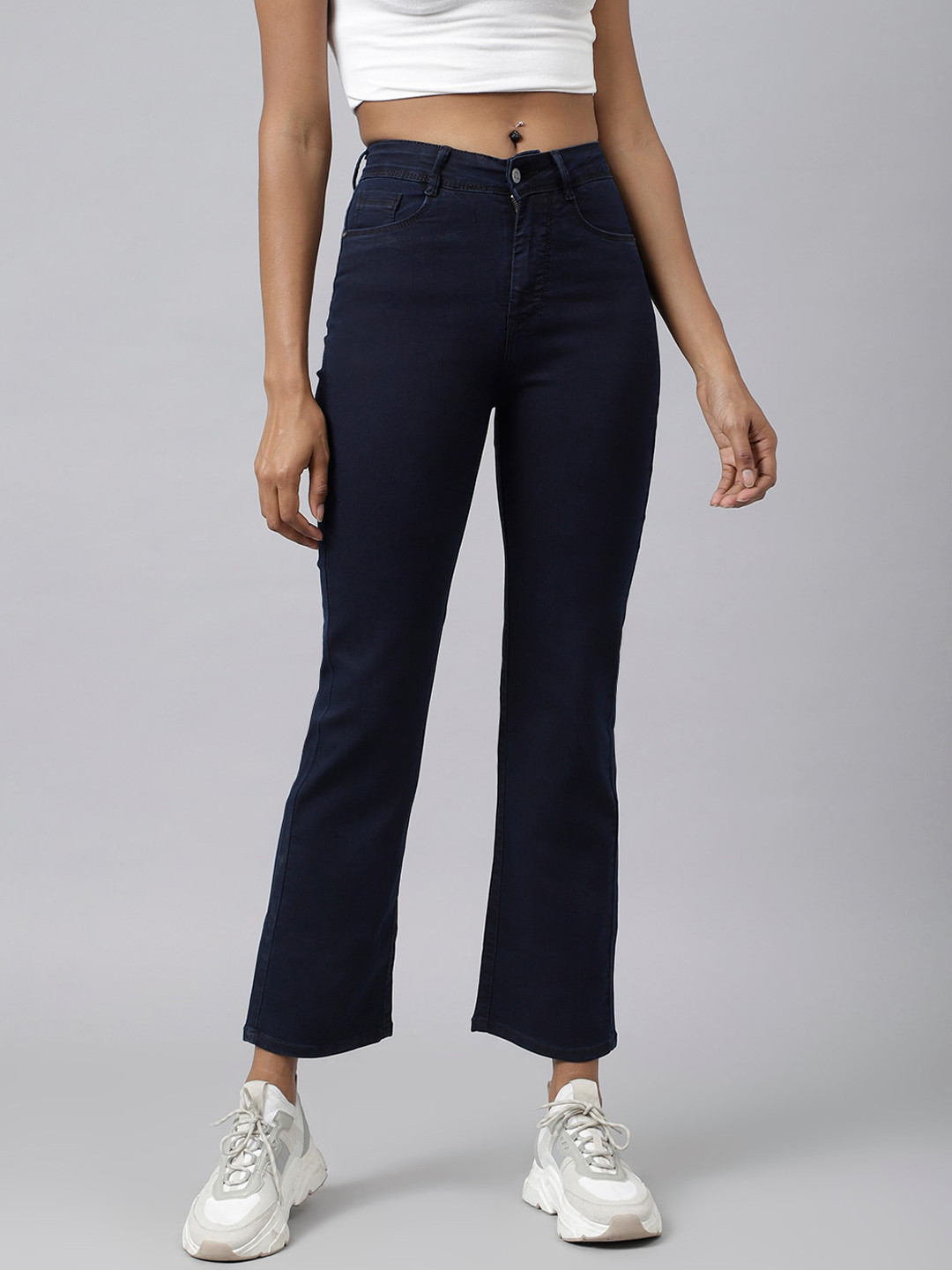 

Code 61 Women Navy Blue Wide Leg High-Rise Stretchable Jeans