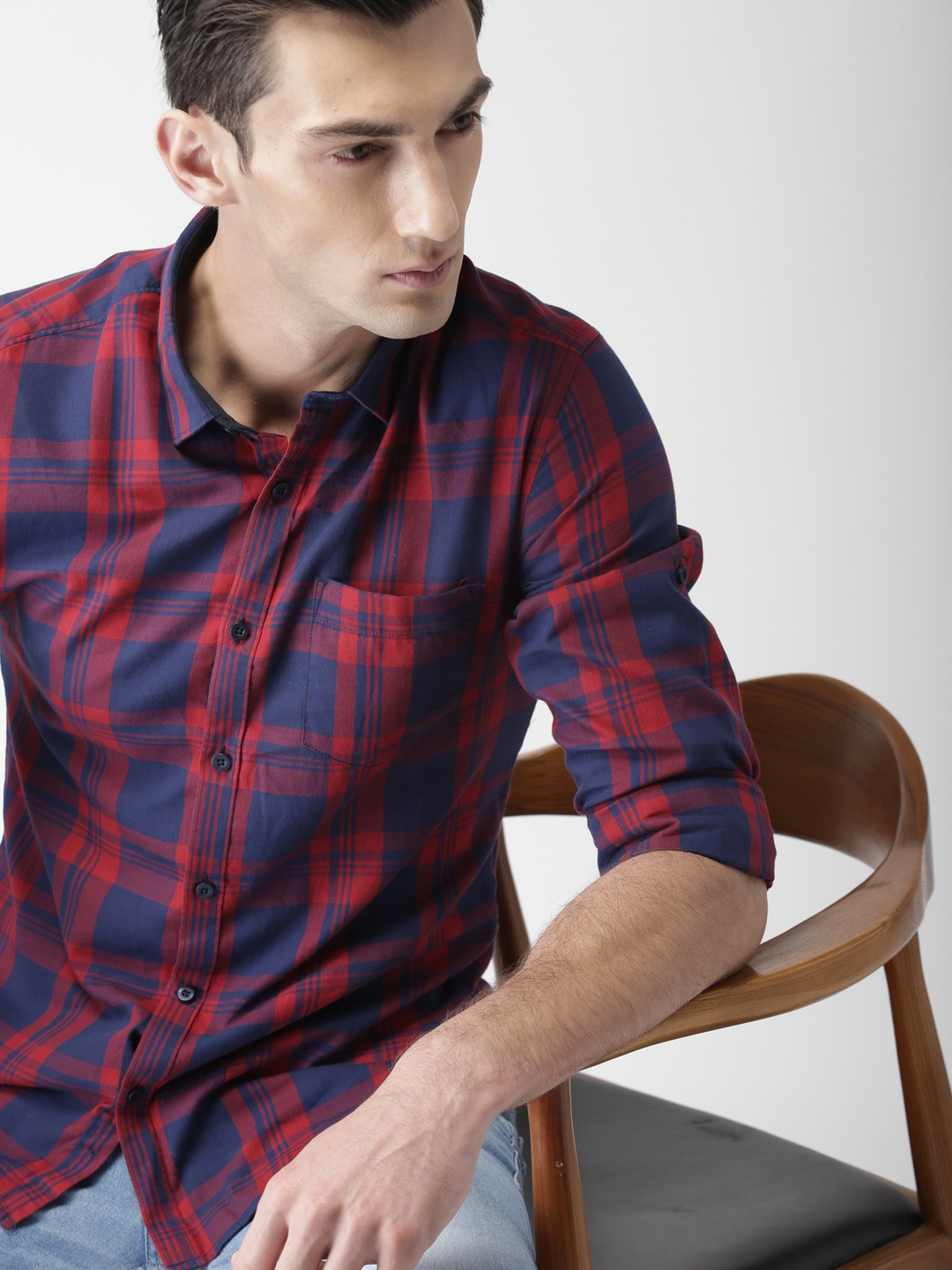 

HIGHLANDER Men Navy Blue & Red Slim Fit Checked Casual Shirt