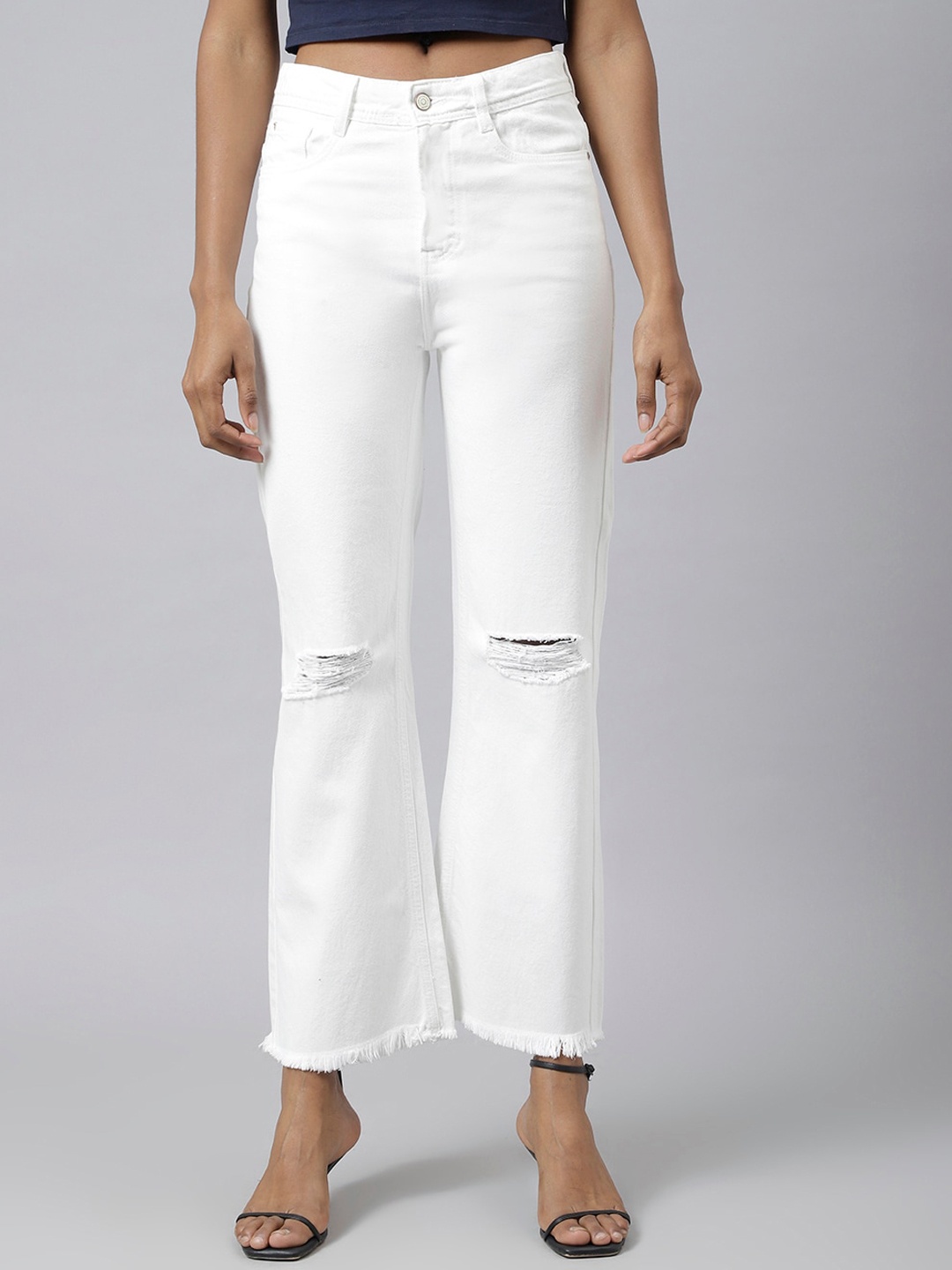 

Code 61 Women White Wide Leg High-Rise Slash Knee Jeans