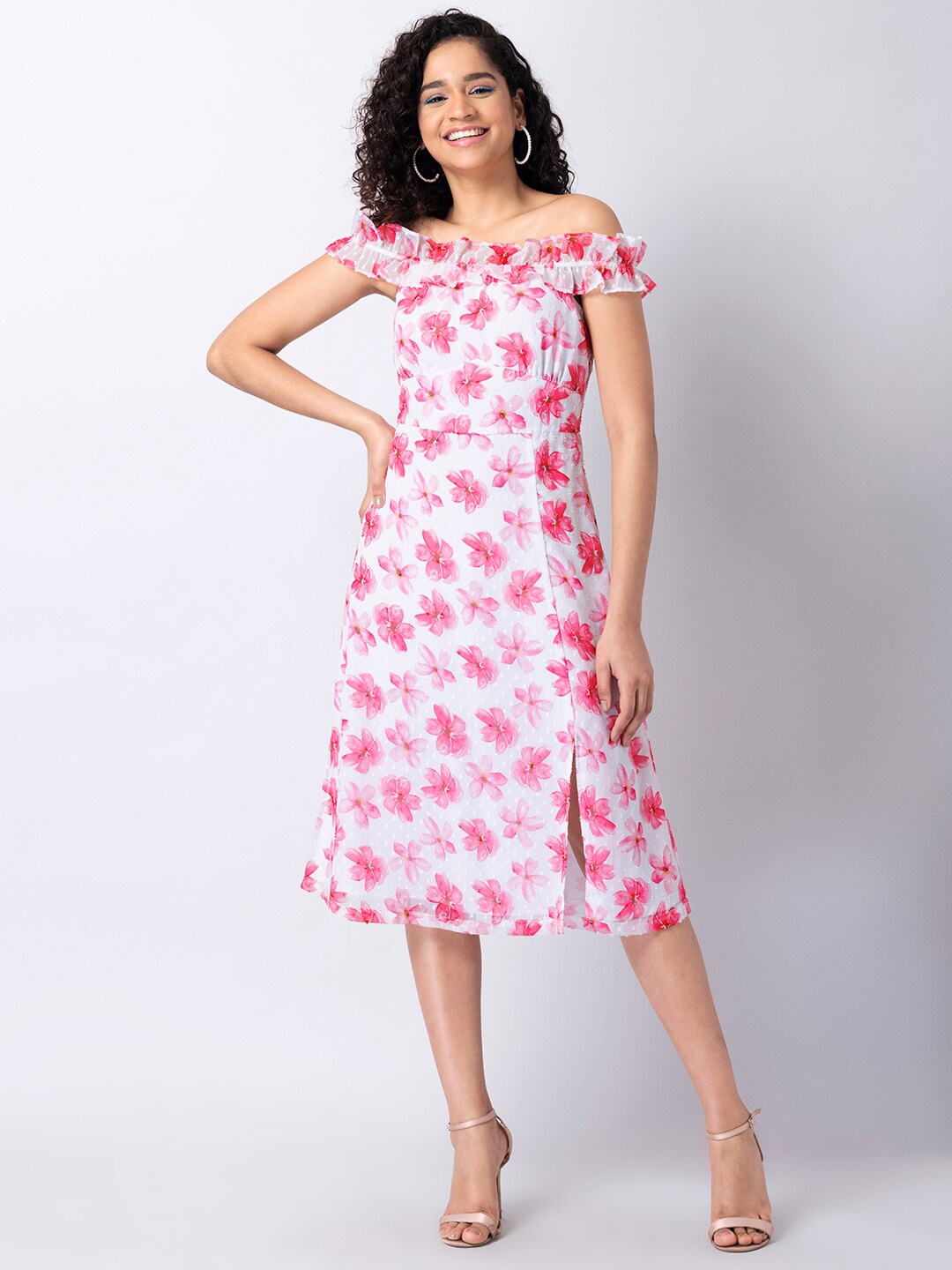 FabAlley White Floral Off-Shoulder Georgette Midi Dress