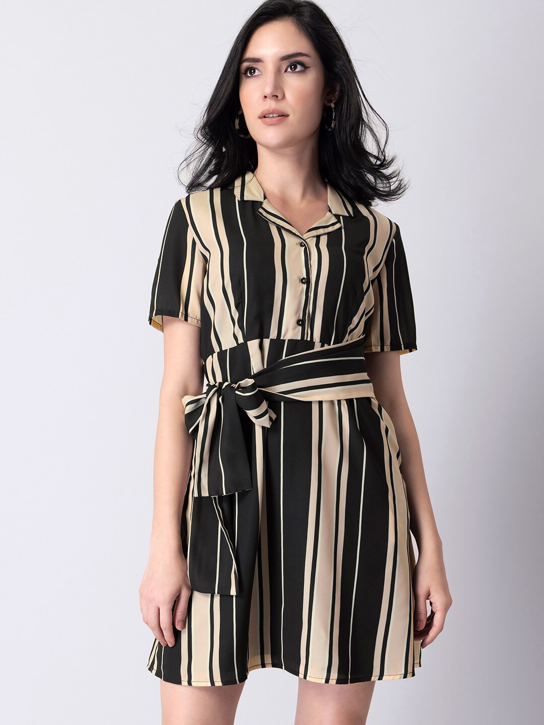 

FabAlley Black & Beige Striped Shirt Dress