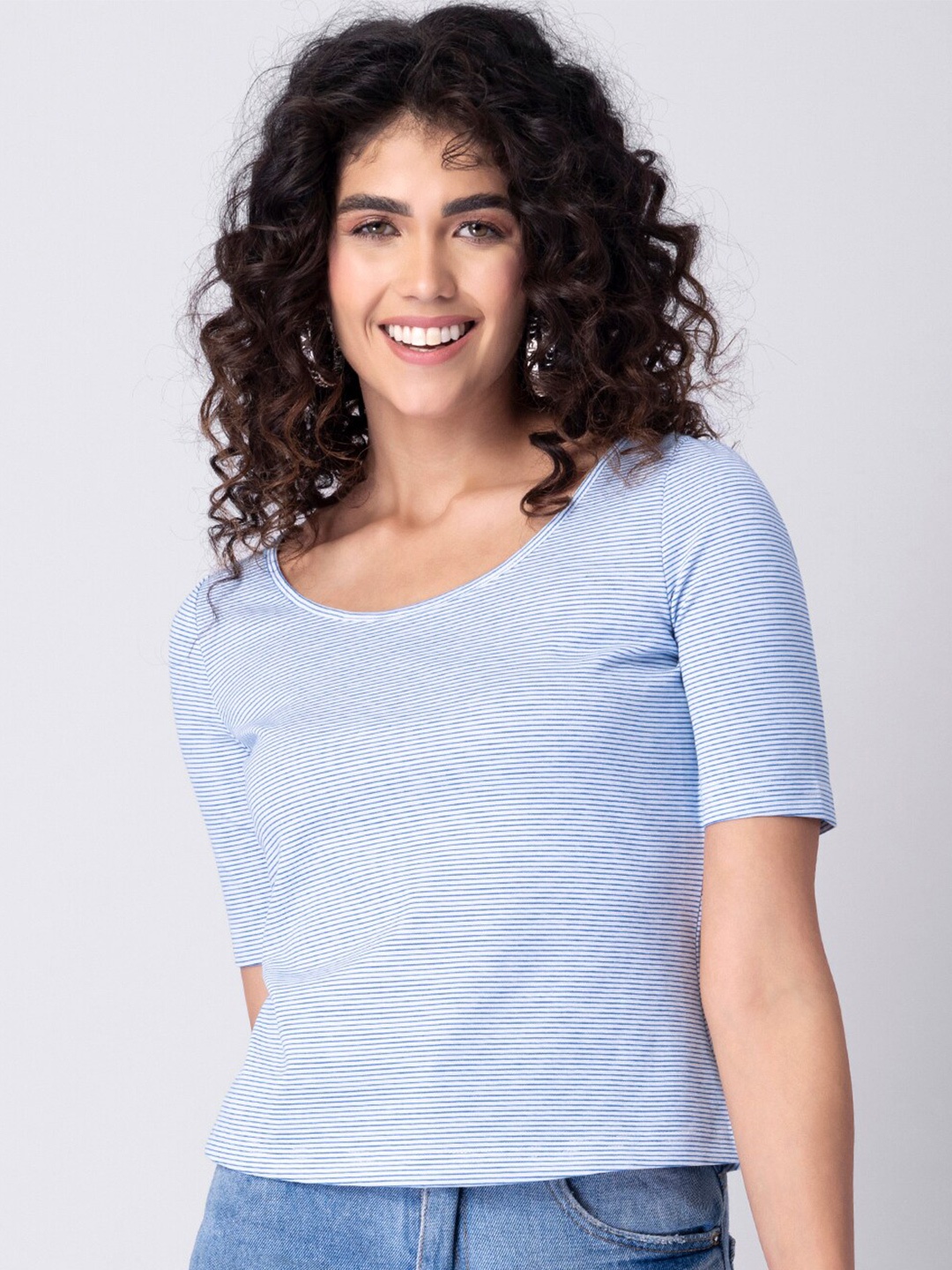 

FabAlley Blue Striped Cotton Regular Top