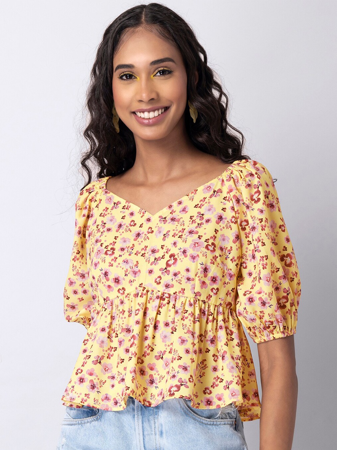 

FabAlley Yellow & Pink Floral Print Peplum Top