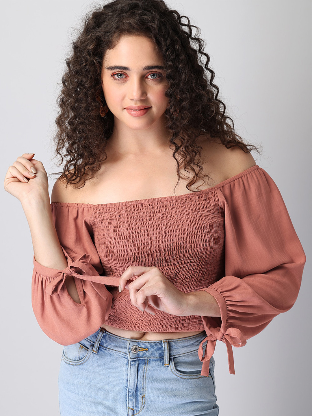 

FabAlley Women Pink Off-Shoulder Georgette Bardot Crop Top