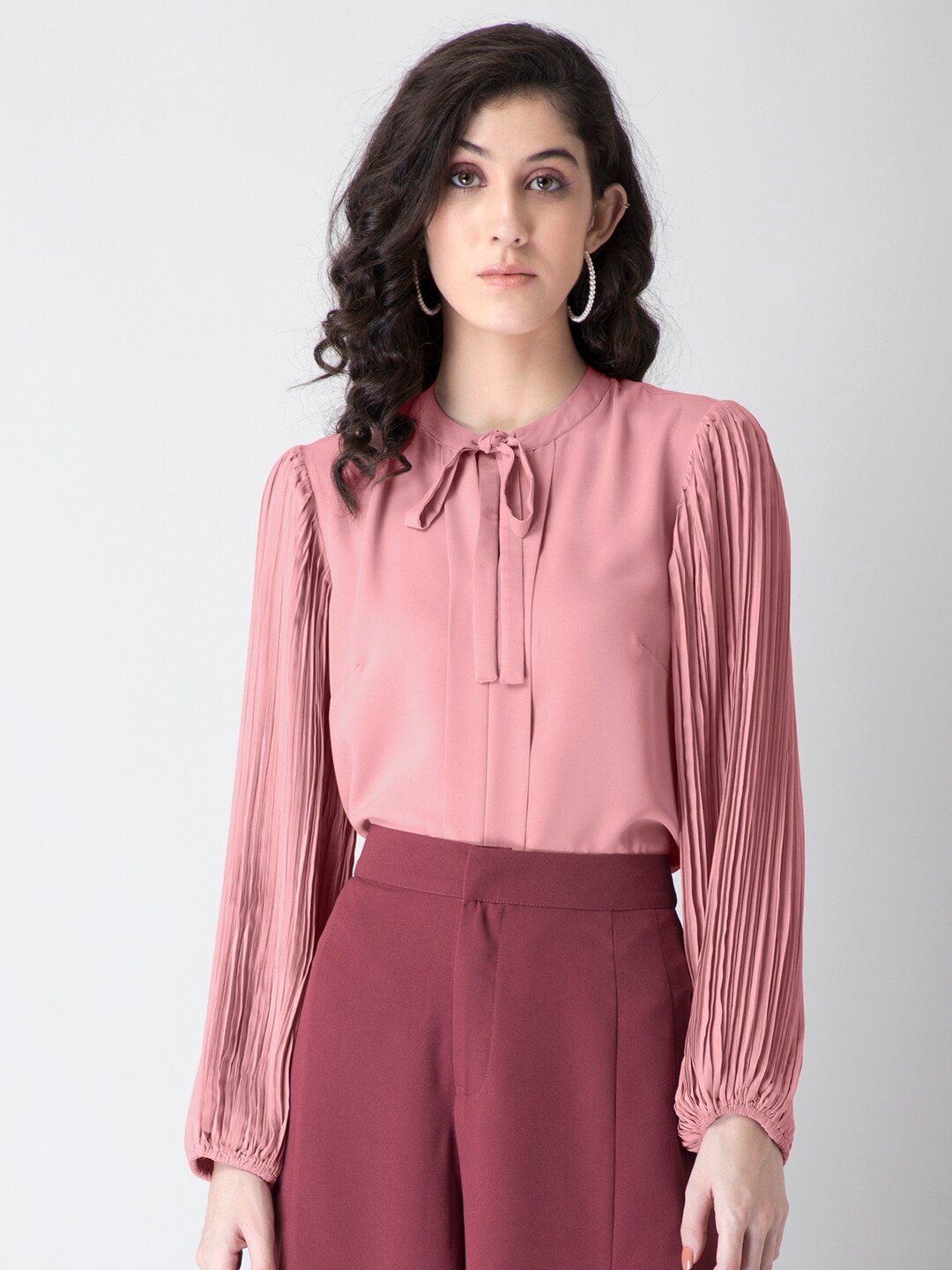 

FabAlley Pink Tie-Up Neck Crepe Top