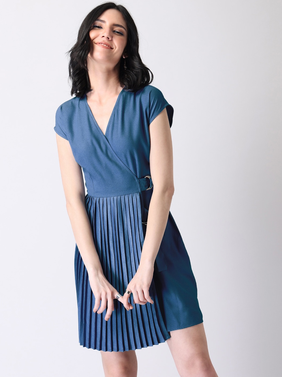

FabAlley Women Blue Solid Wrap Dress