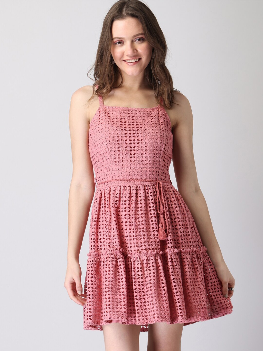 

FabAlley Women Pink Self Design Shoulder Straps Fit & Flare Dress