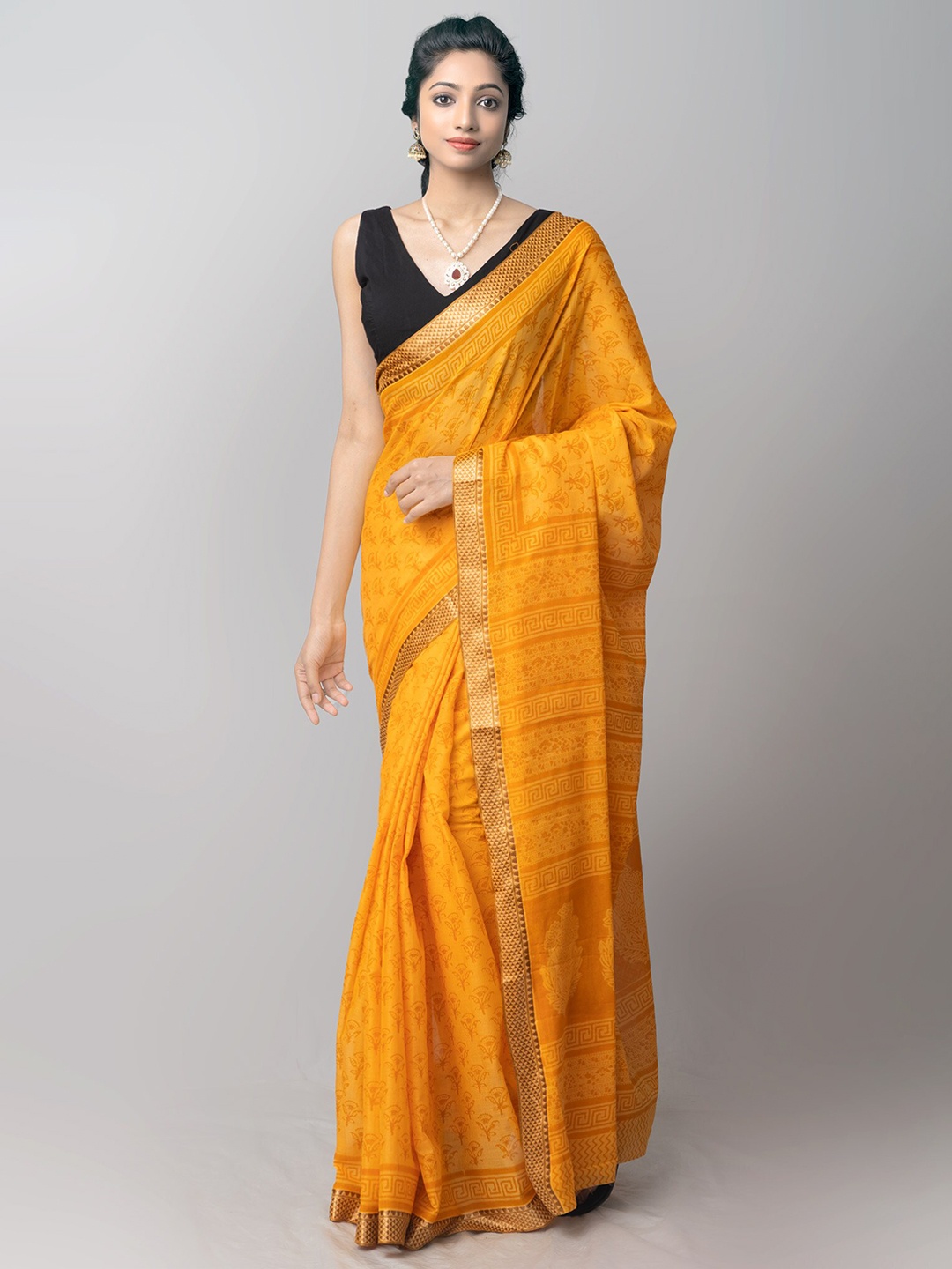 

Unnati Silks Yellow & Golden Handloom Sustainable Pure Cotton Venkatgiri Saree