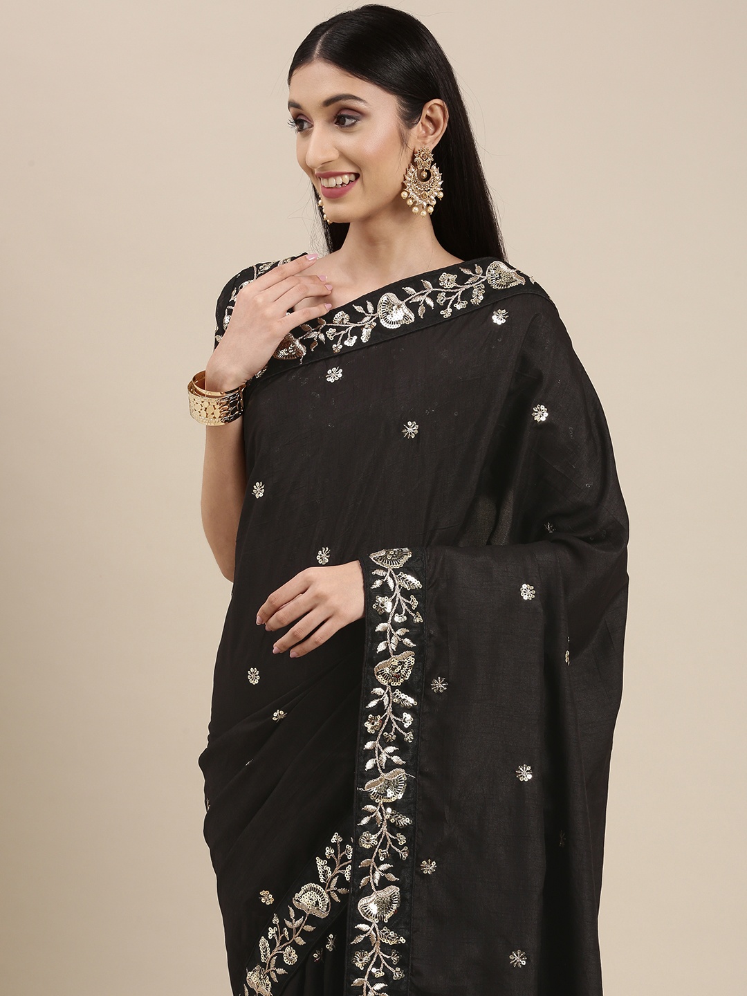 

VAIRAGEE Black Embellished Sequinned Silk Blend Saree