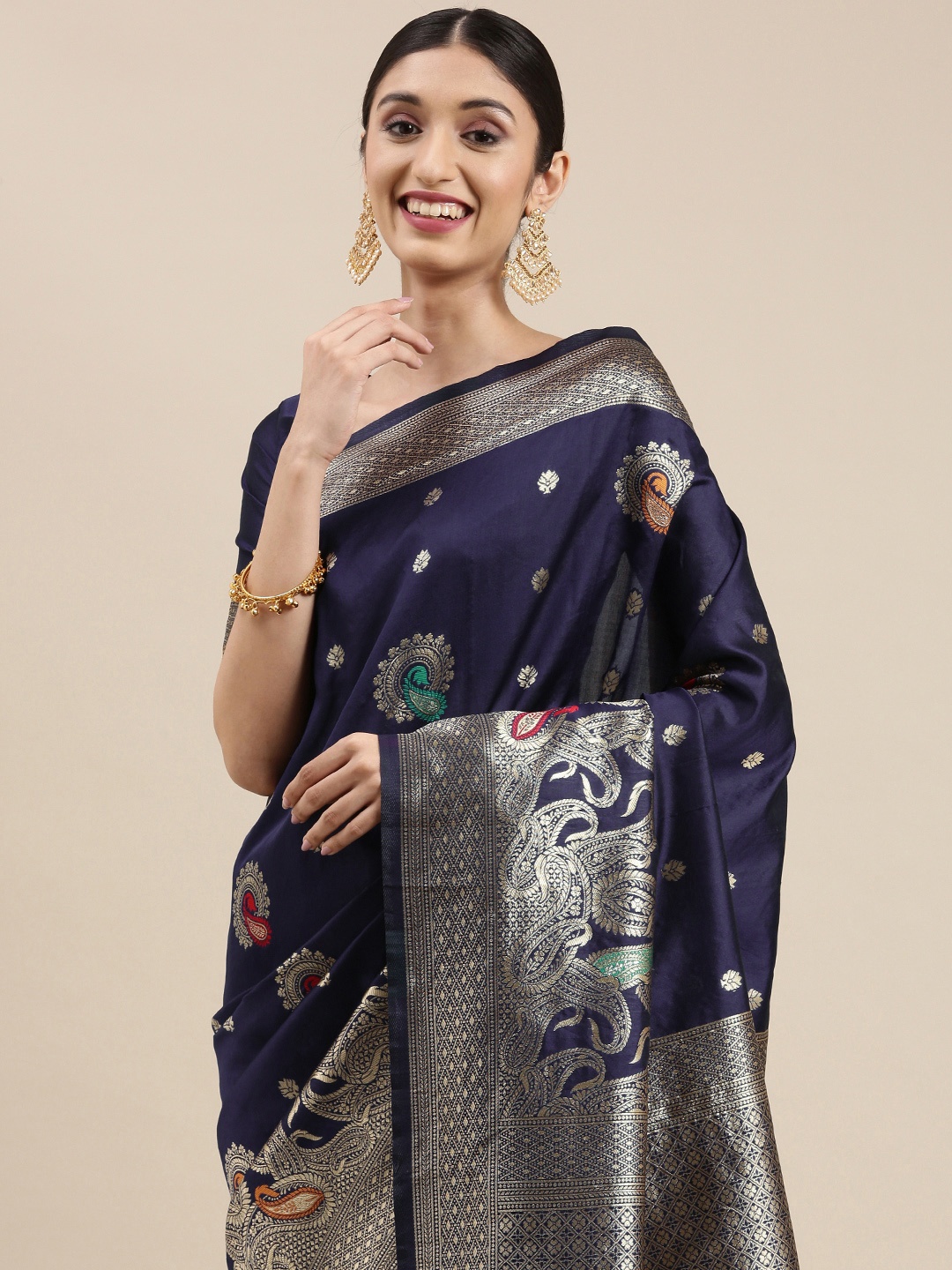 

VAIRAGEE Navy Blue & Gold-Toned Ethnic Motifs Zari Saree