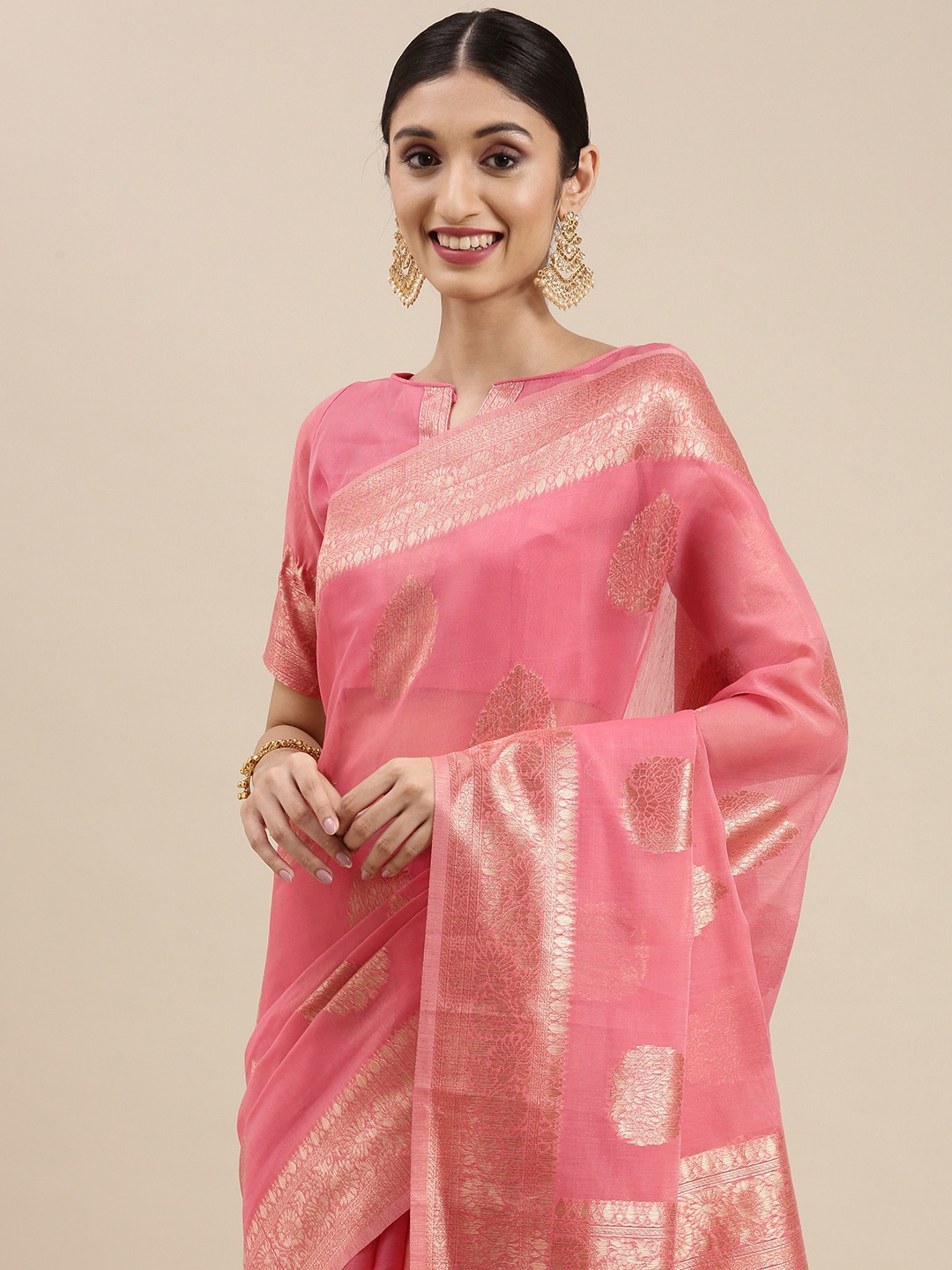 

VAIRAGEE Pink & Gold-Toned Ethnic Motifs Zari Silk Cotton Saree