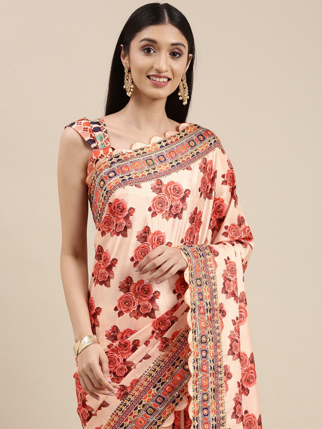 

VAIRAGEE Peach-Coloured & Pink Floral Embroidered Silk Blend Saree
