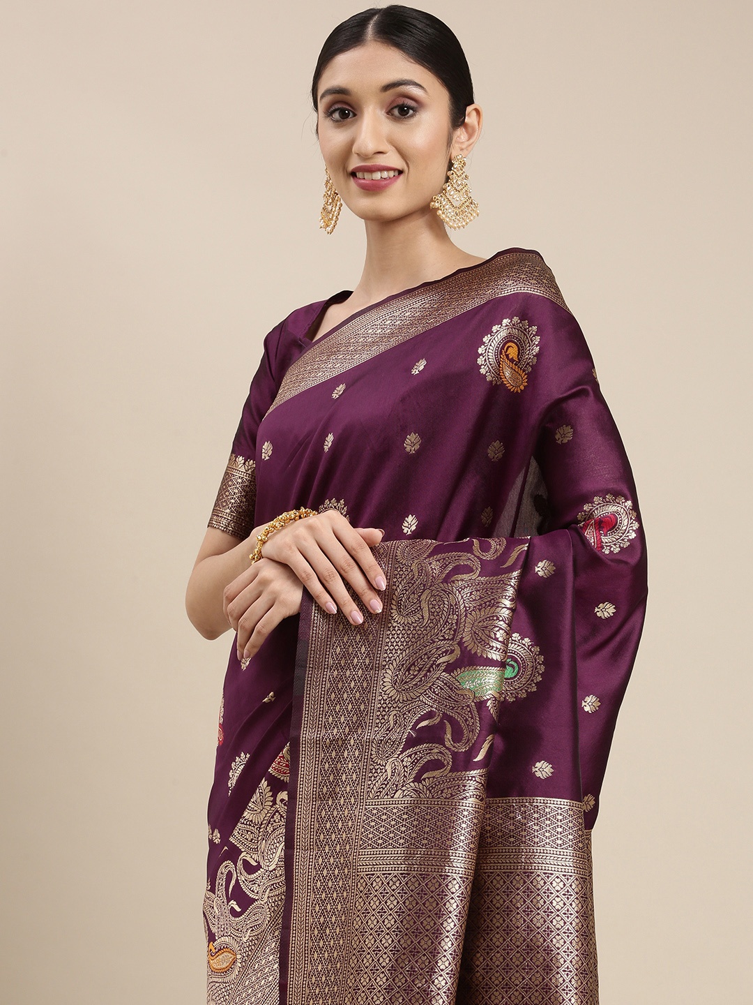

VAIRAGEE Burgundy & Gold-Toned Ethnic Motifs Zari Saree