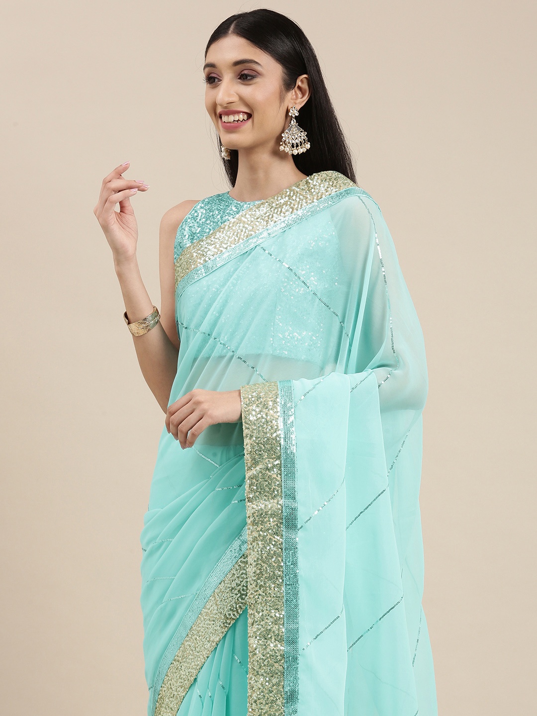 

VAIRAGEE Blue Embellished Sequinned Saree