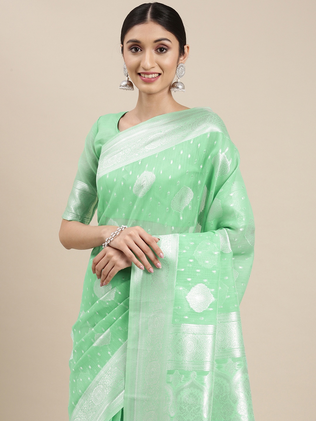 

VAIRAGEE Blue & Silver-Toned Ethnic Motifs Zari Silk Cotton Saree