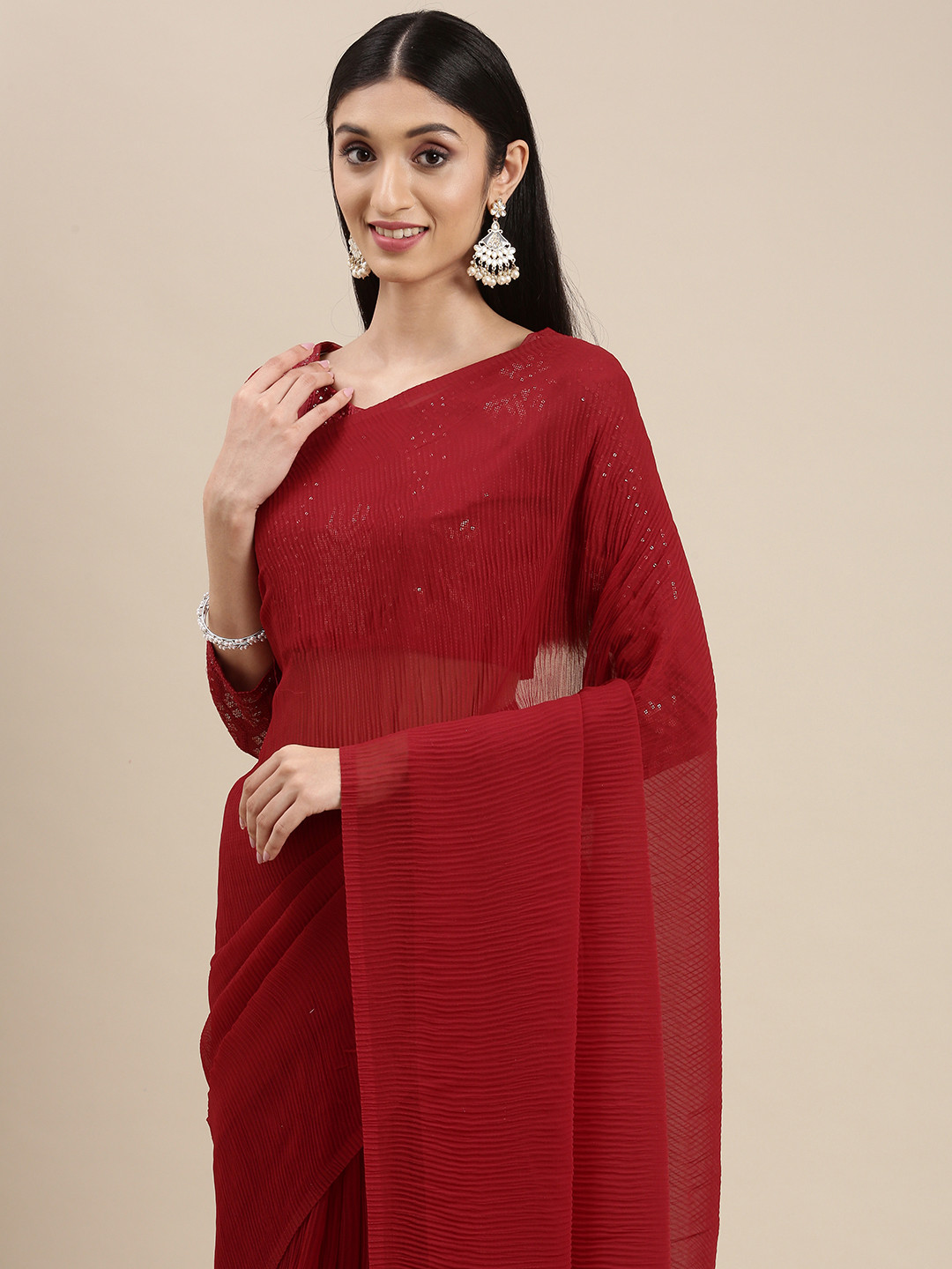 

VAIRAGEE Red Sequinned Accordion Pleated Saree