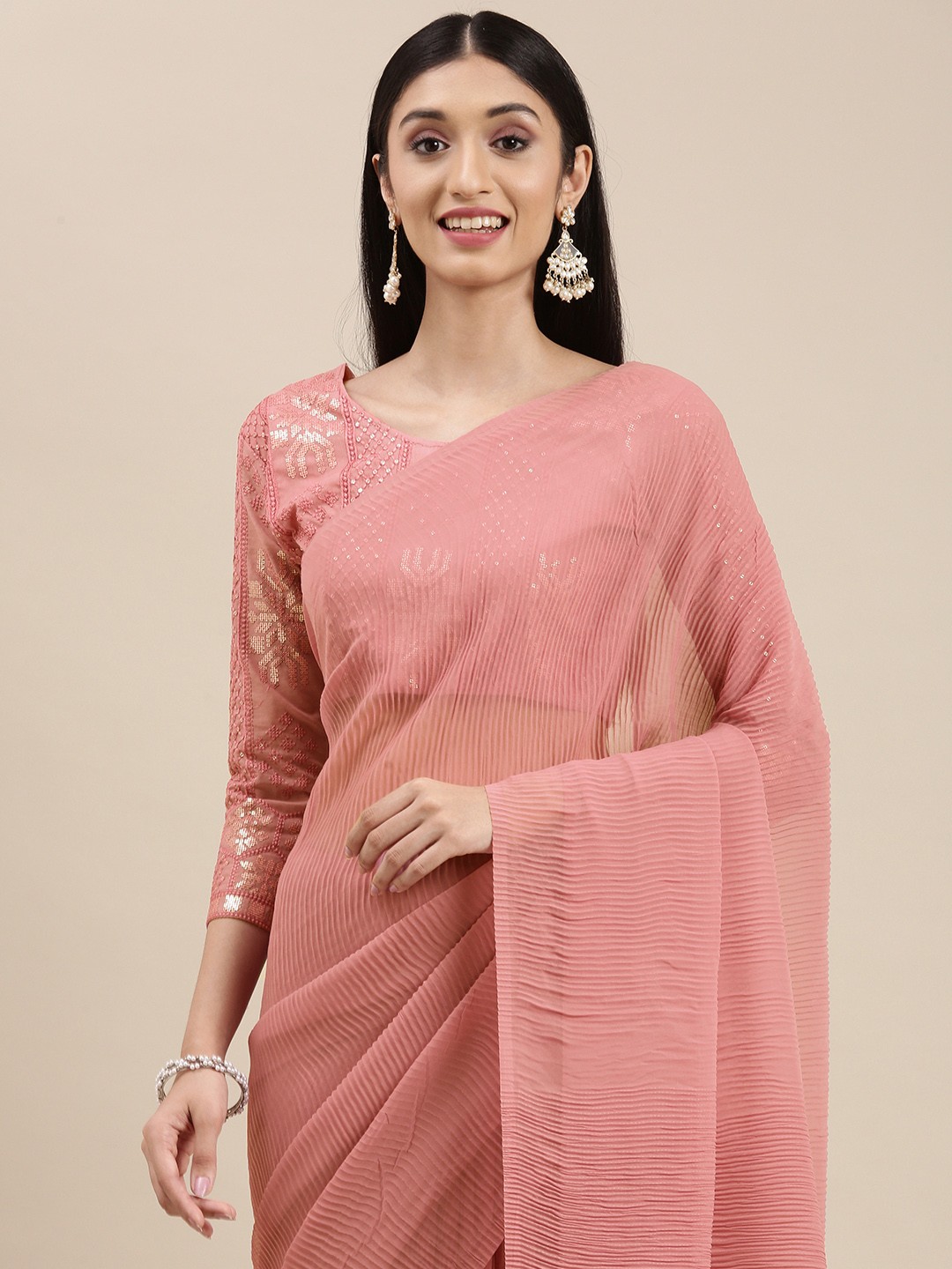 

VAIRAGEE Pink Sequinned Accordion Pleated Saree