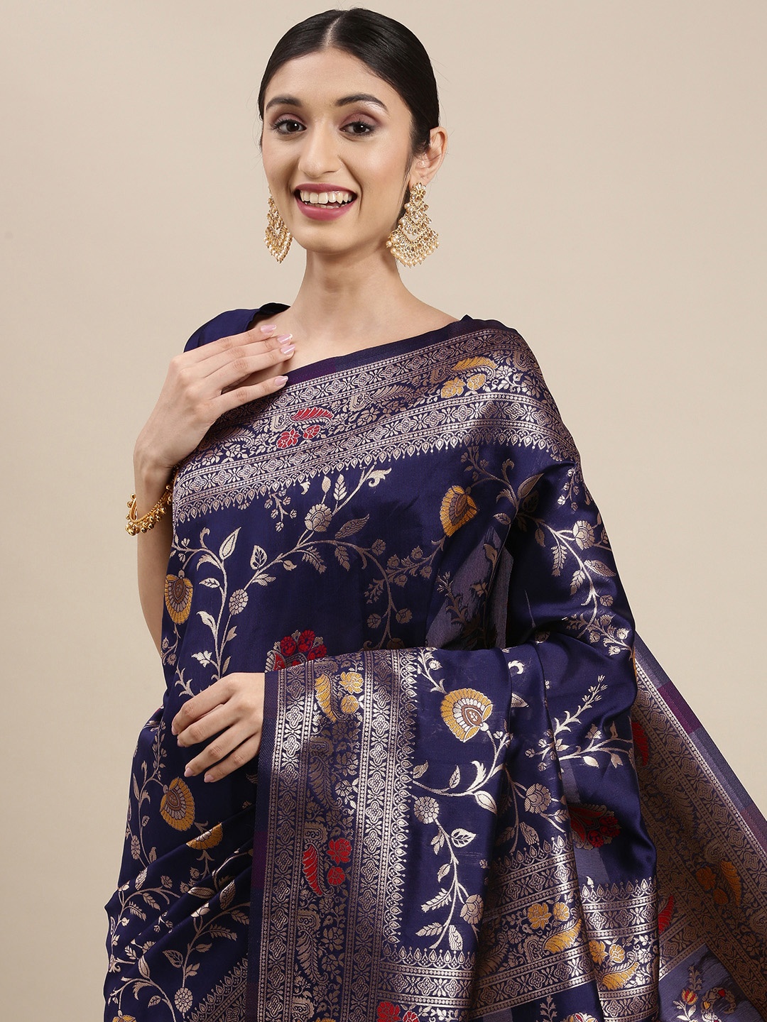 

VAIRAGEE Navy Blue & Gold-Toned Ethnic Motifs Zari Saree