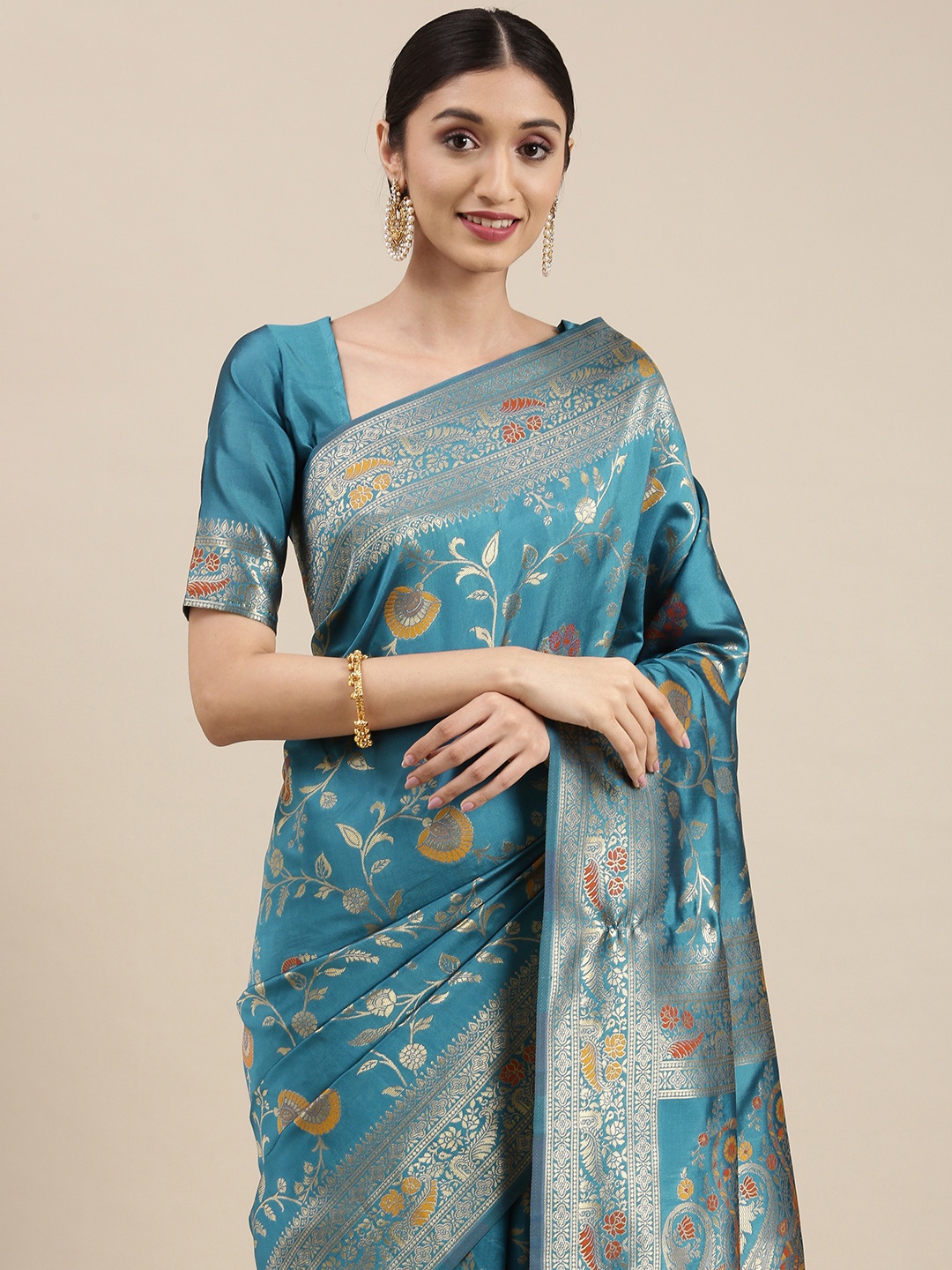 

VAIRAGEE Blue & Gold-Toned Floral Zari Saree